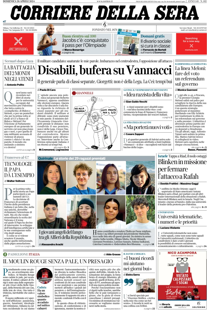 anteprima della prima pagina di corriere-della-sera del 28/04/2024