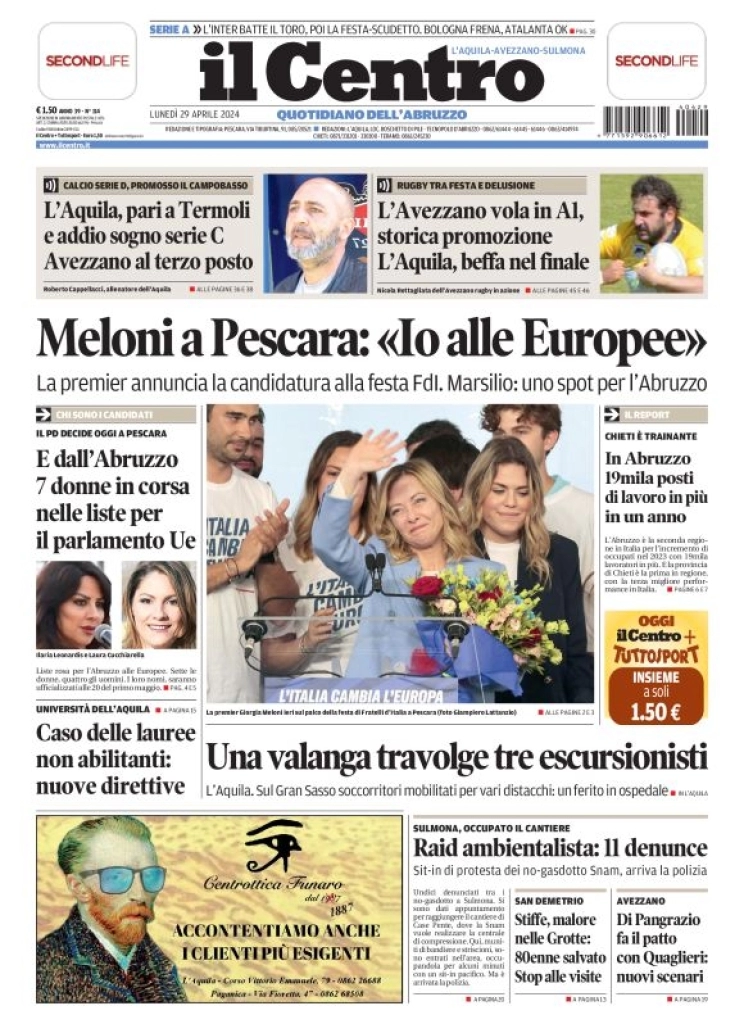 anteprima della prima pagina di il-centro-laquila del 29/04/2024