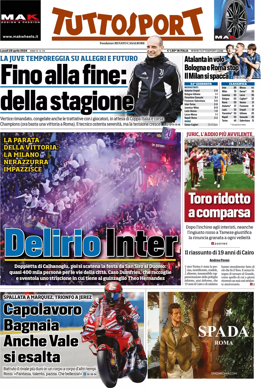 anteprima della prima pagina di tuttosport del 29/04/2024