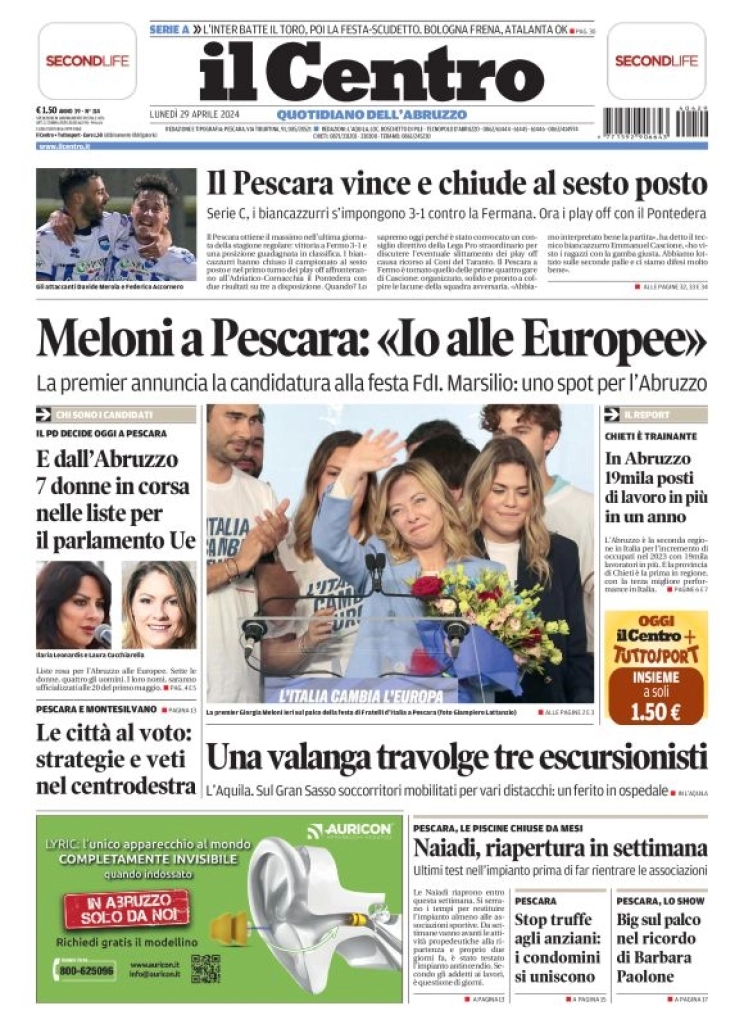 anteprima della prima pagina di il-centro-pescara del 29/04/2024