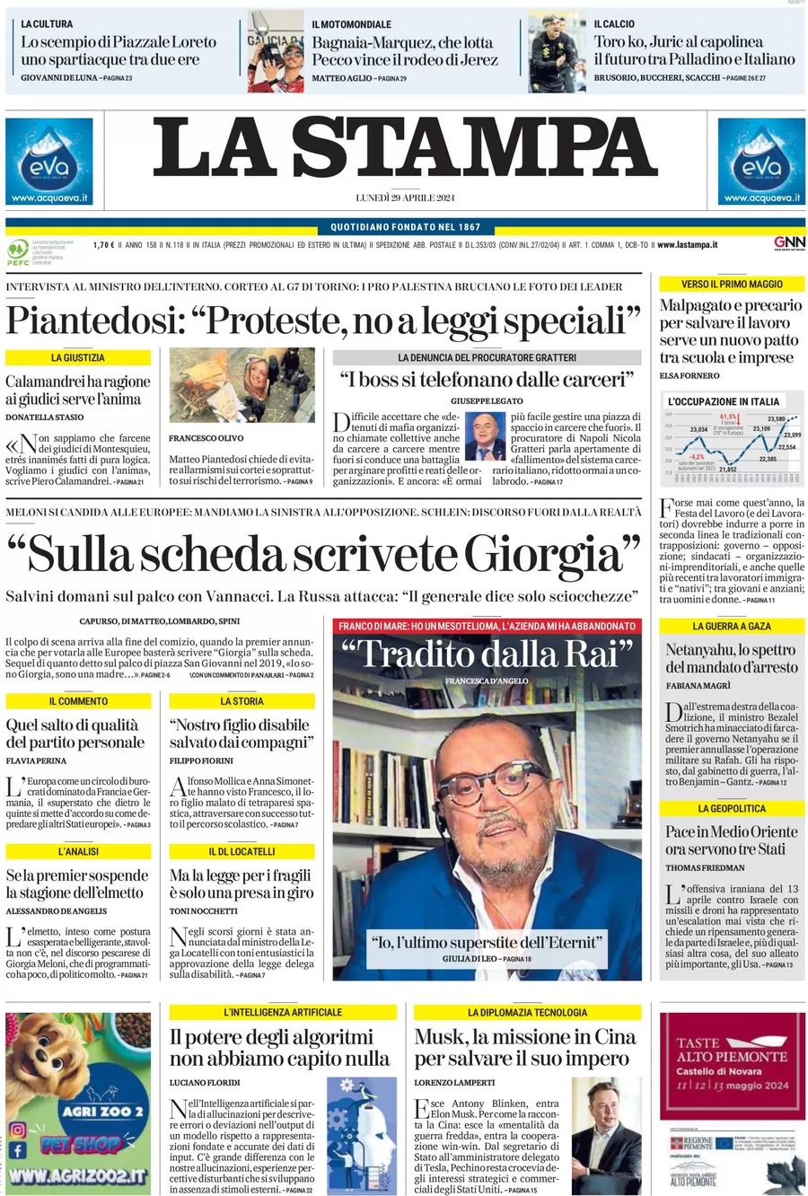 anteprima della prima pagina di la-stampa del 29/04/2024