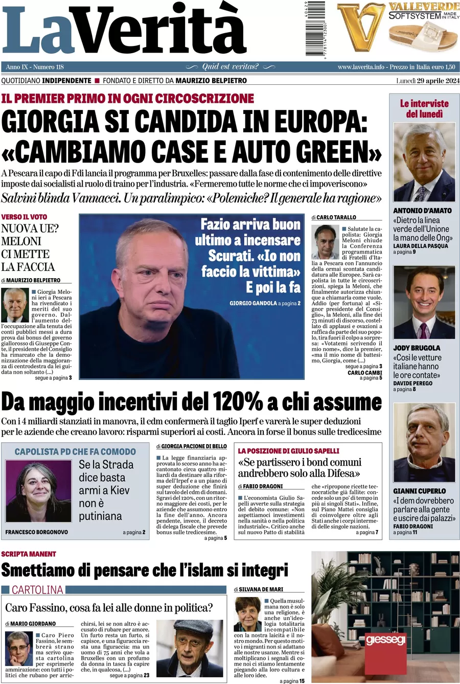 anteprima della prima pagina di la-verit del 29/04/2024