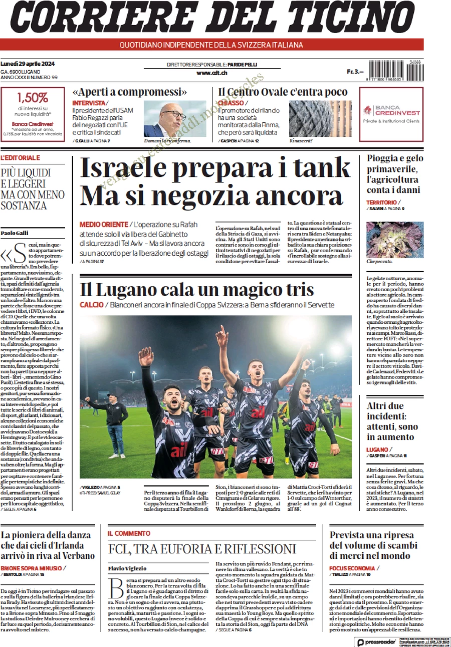 anteprima della prima pagina di corriere-del-ticino del 29/04/2024