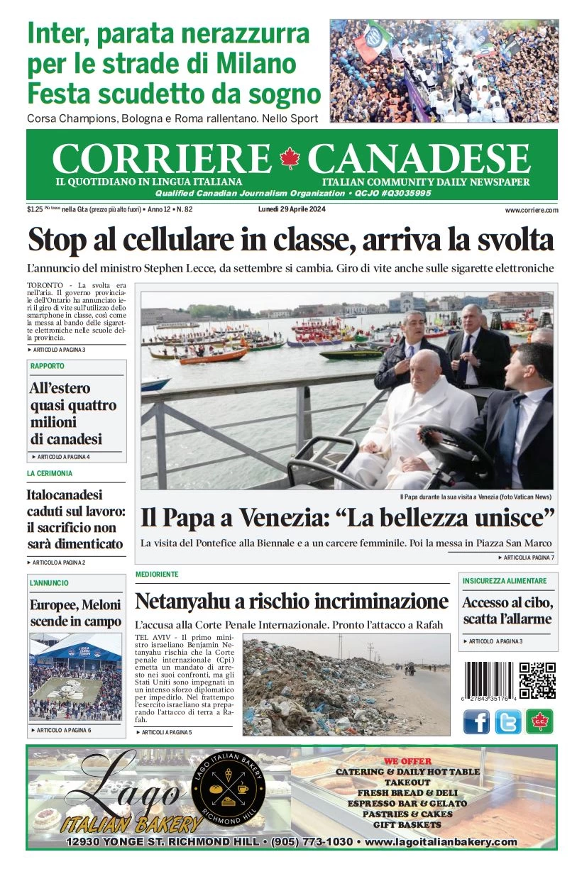 anteprima della prima pagina di corriere-canadese del 29/04/2024