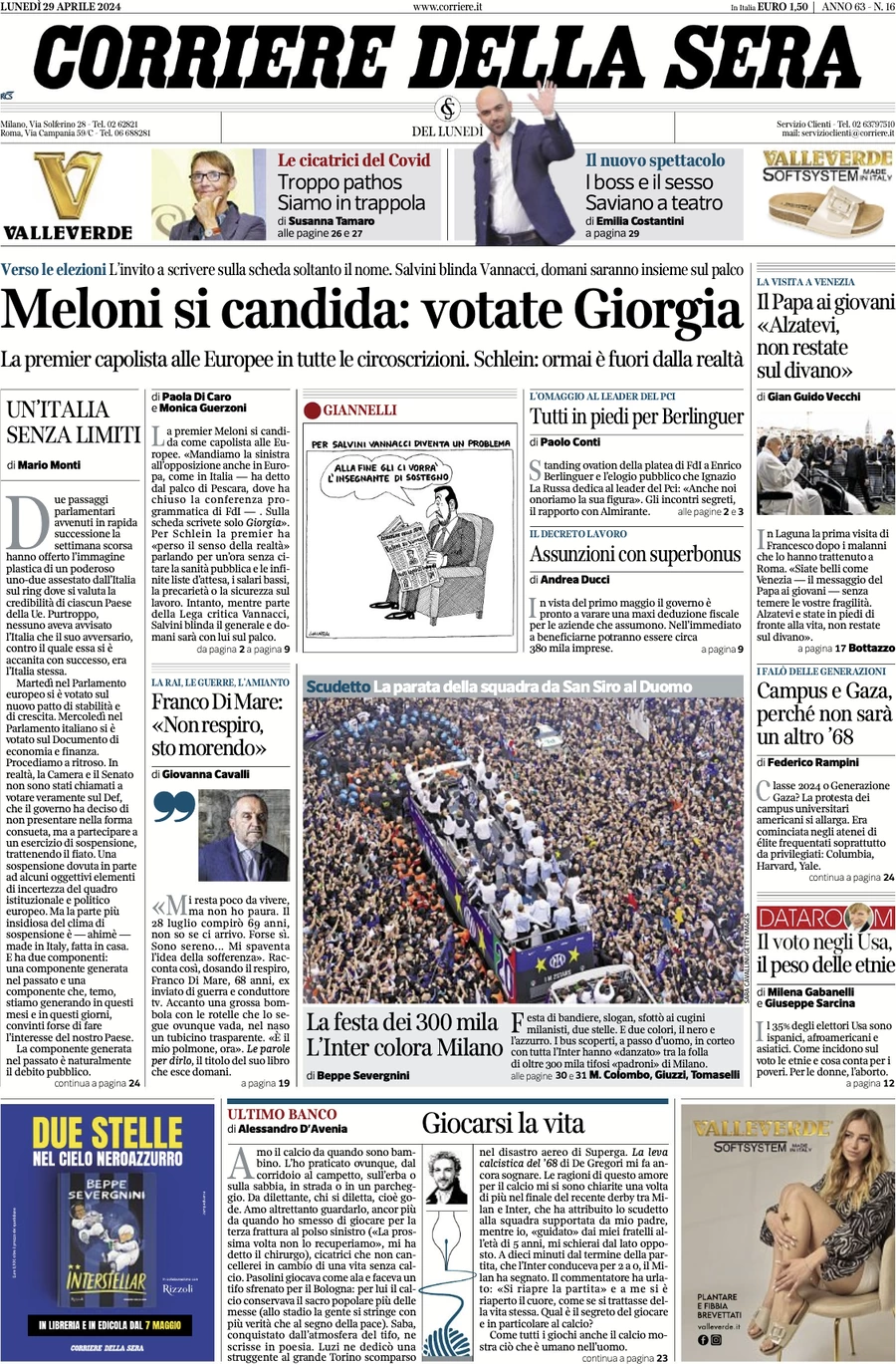 anteprima della prima pagina di corriere-della-sera del 29/04/2024