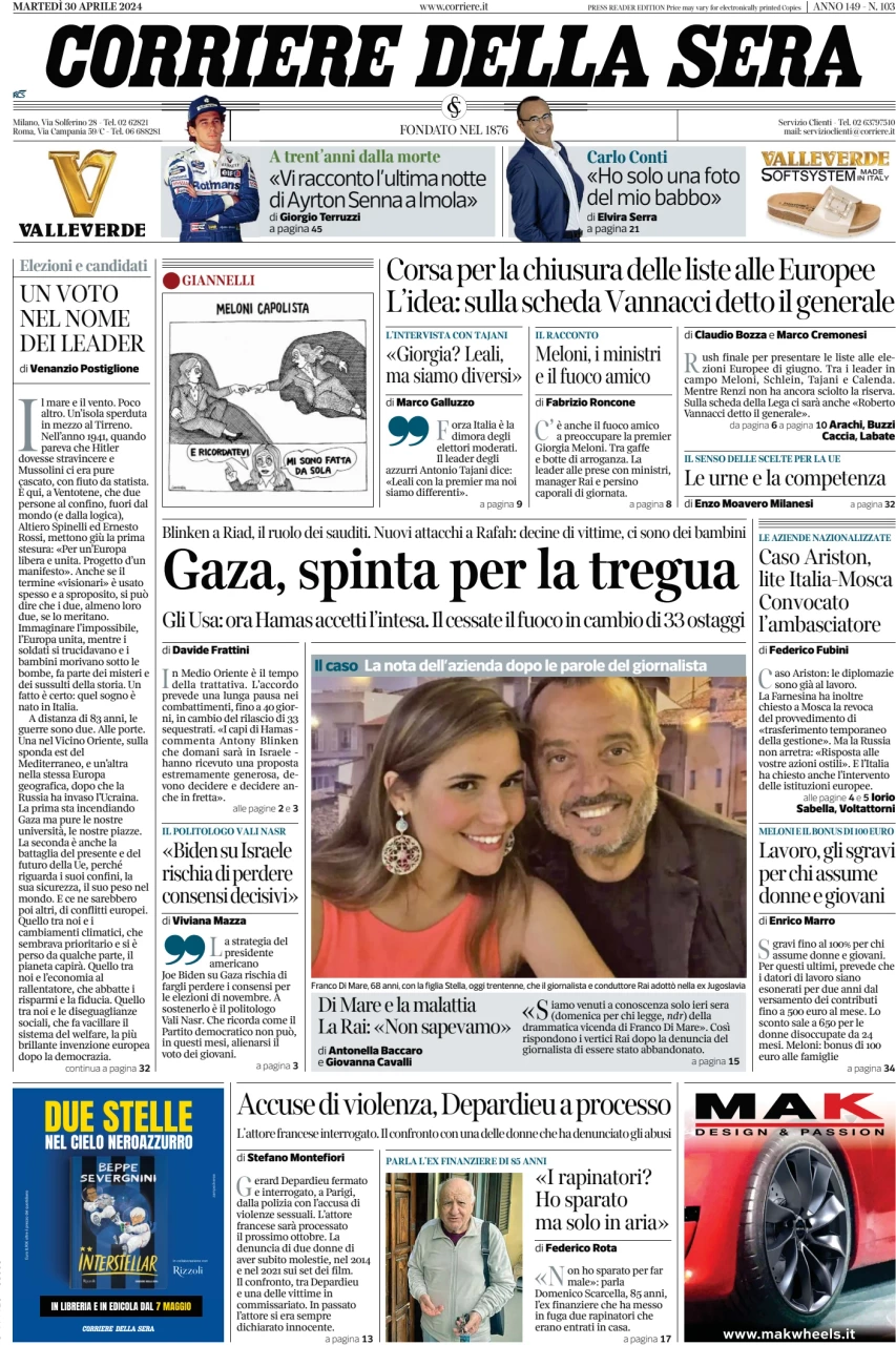 anteprima della prima pagina di corriere-della-sera del 30/04/2024