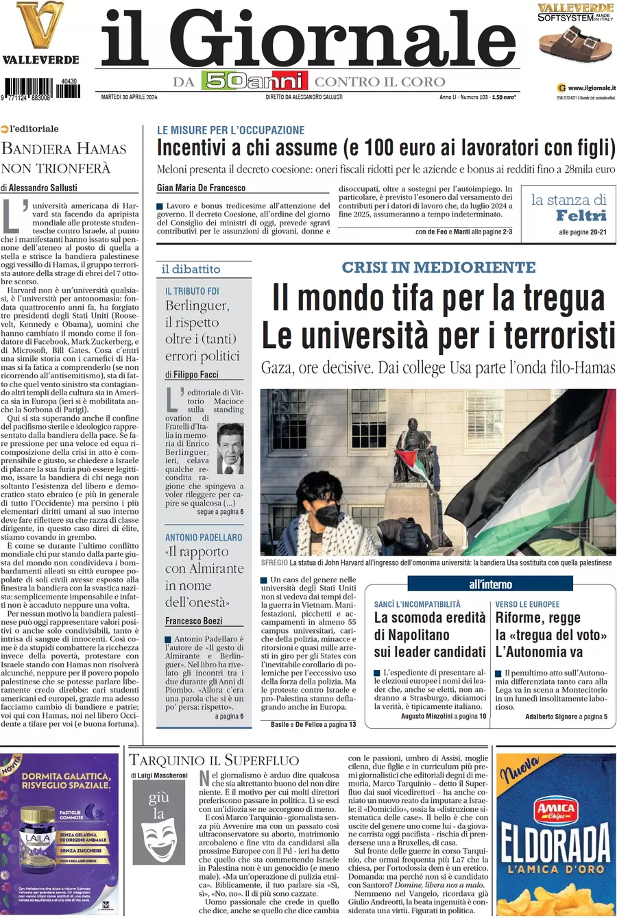 anteprima della prima pagina di il-giornale del 30/04/2024