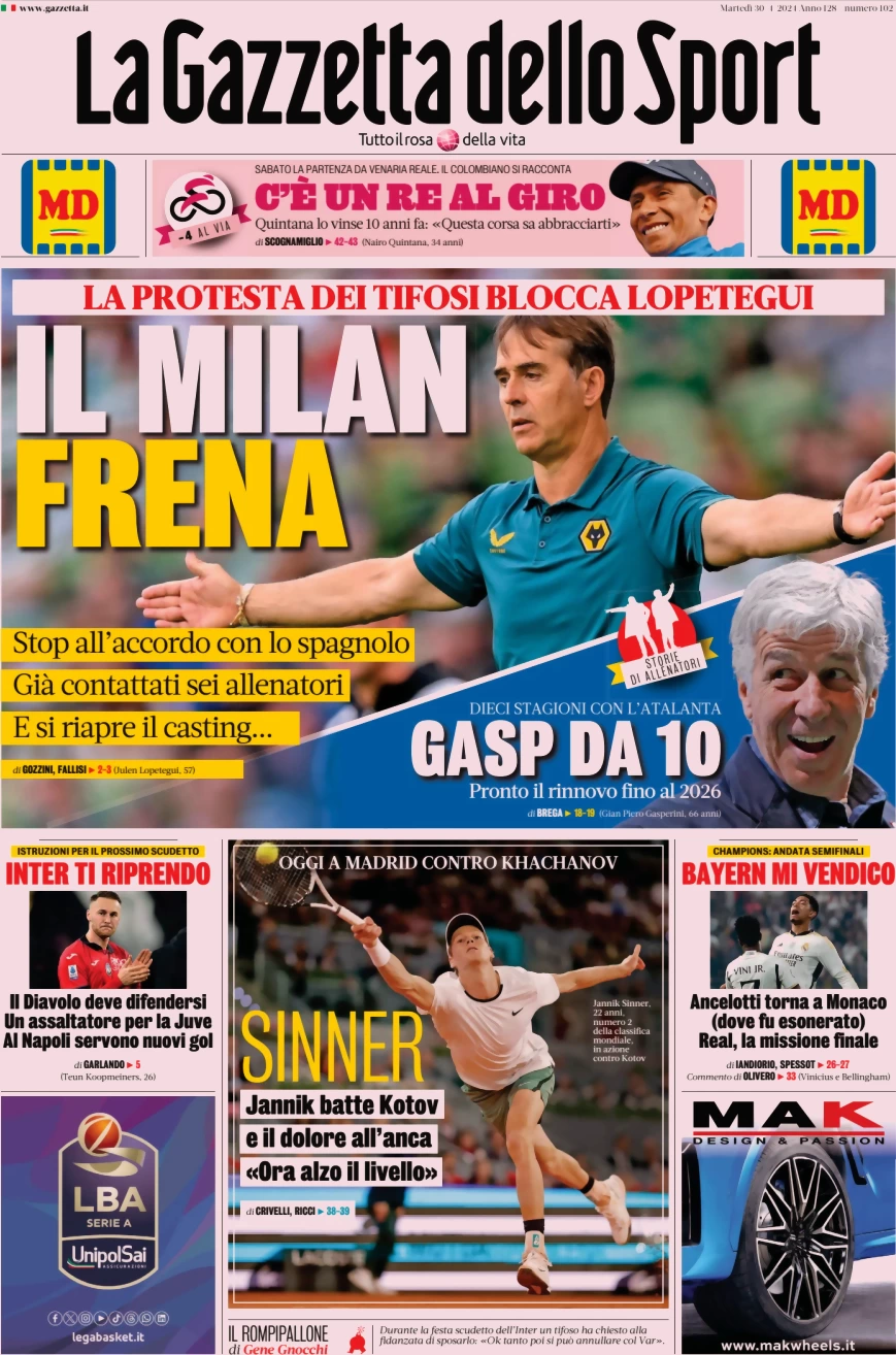 anteprima della prima pagina di la-gazzetta-dello-sport del 30/04/2024