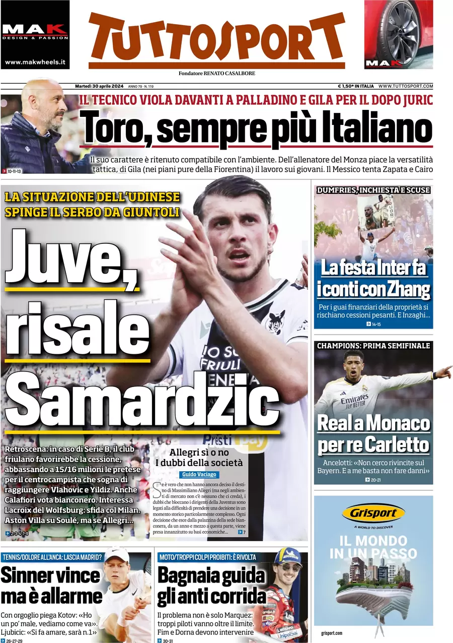 anteprima della prima pagina di tuttosport del 30/04/2024