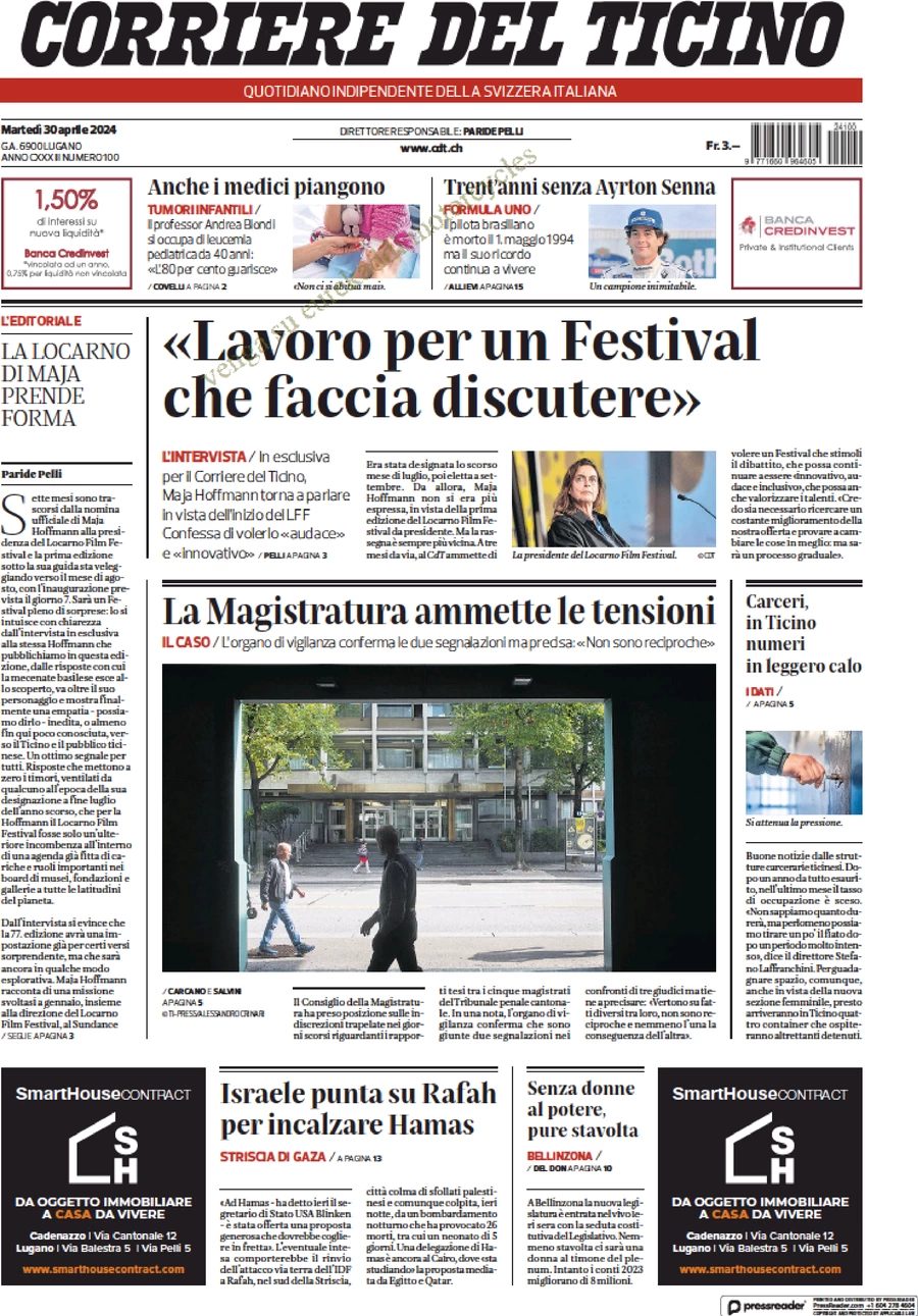 anteprima della prima pagina di corriere-del-ticino del 30/04/2024