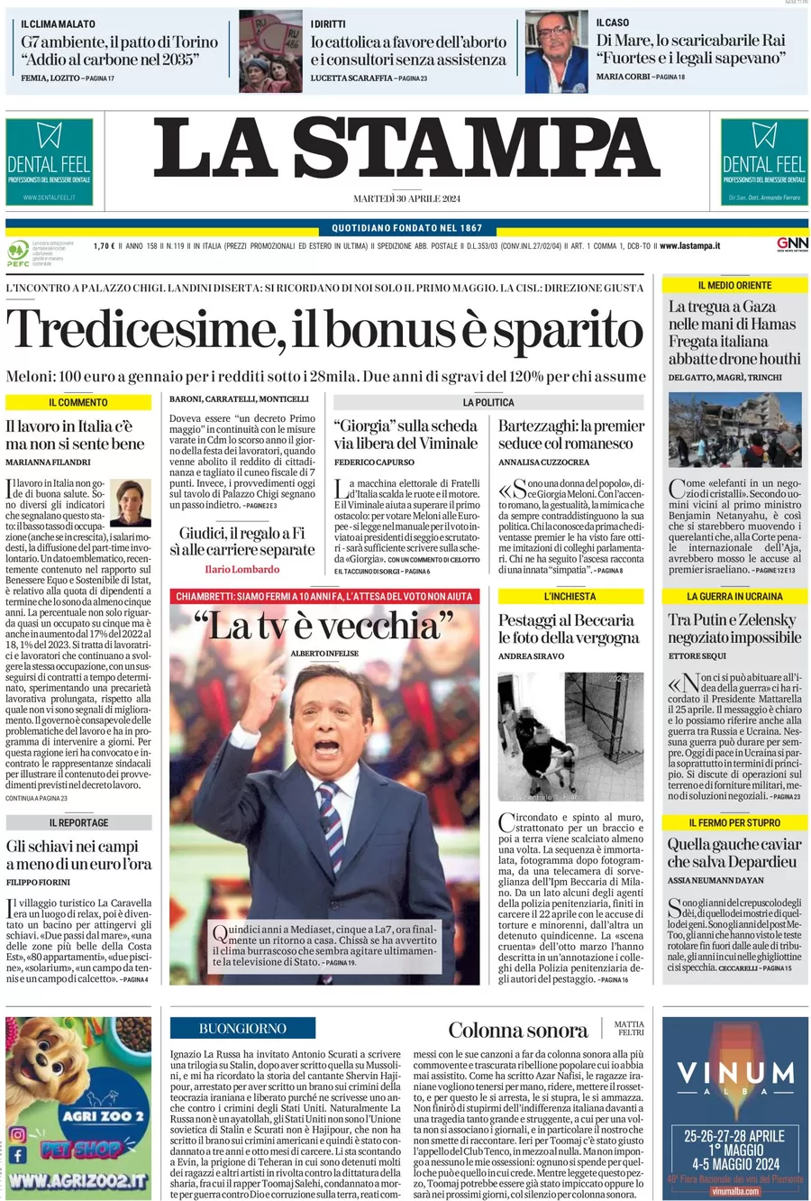 anteprima della prima pagina di la-stampa del 30/04/2024