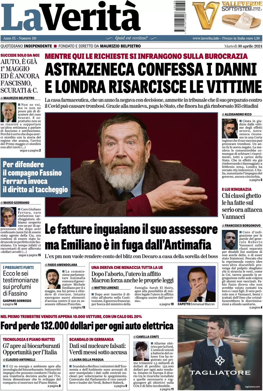 anteprima della prima pagina di la-verit del 30/04/2024