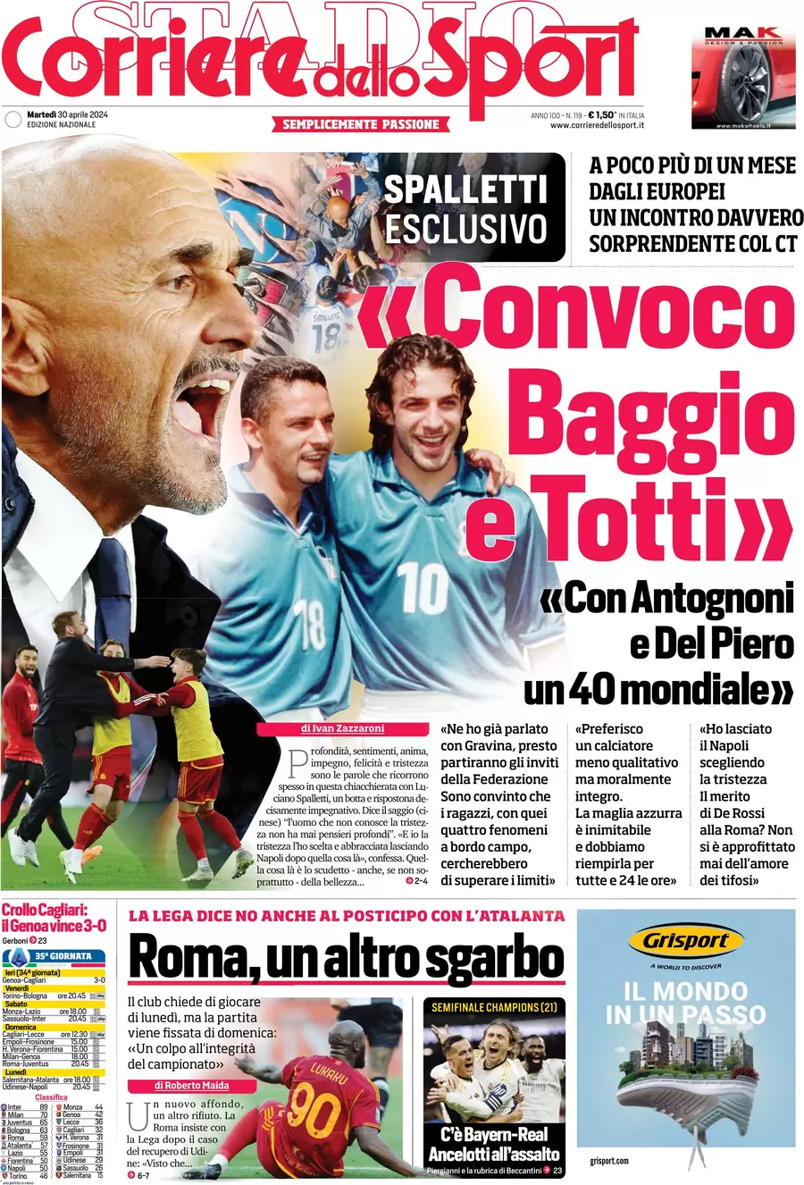 anteprima della prima pagina di corriere-dello-sport del 30/04/2024