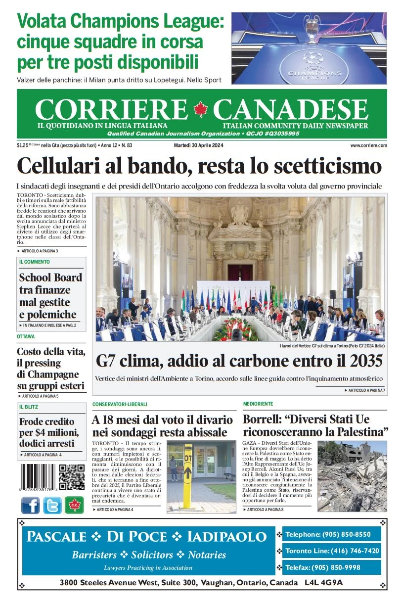 anteprima della prima pagina di corriere-canadese del 30/04/2024