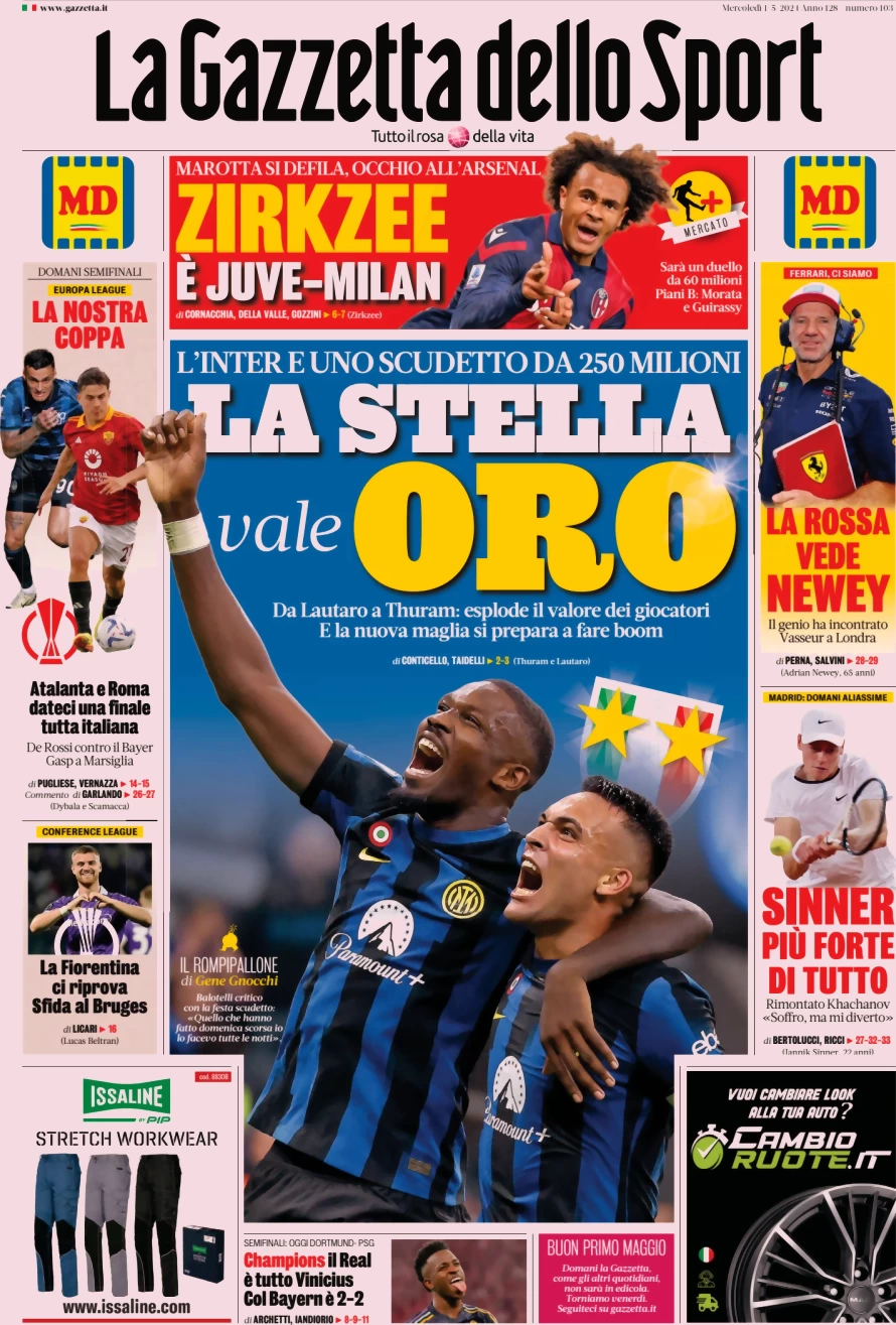 anteprima della prima pagina di la-gazzetta-dello-sport del 01/05/2024