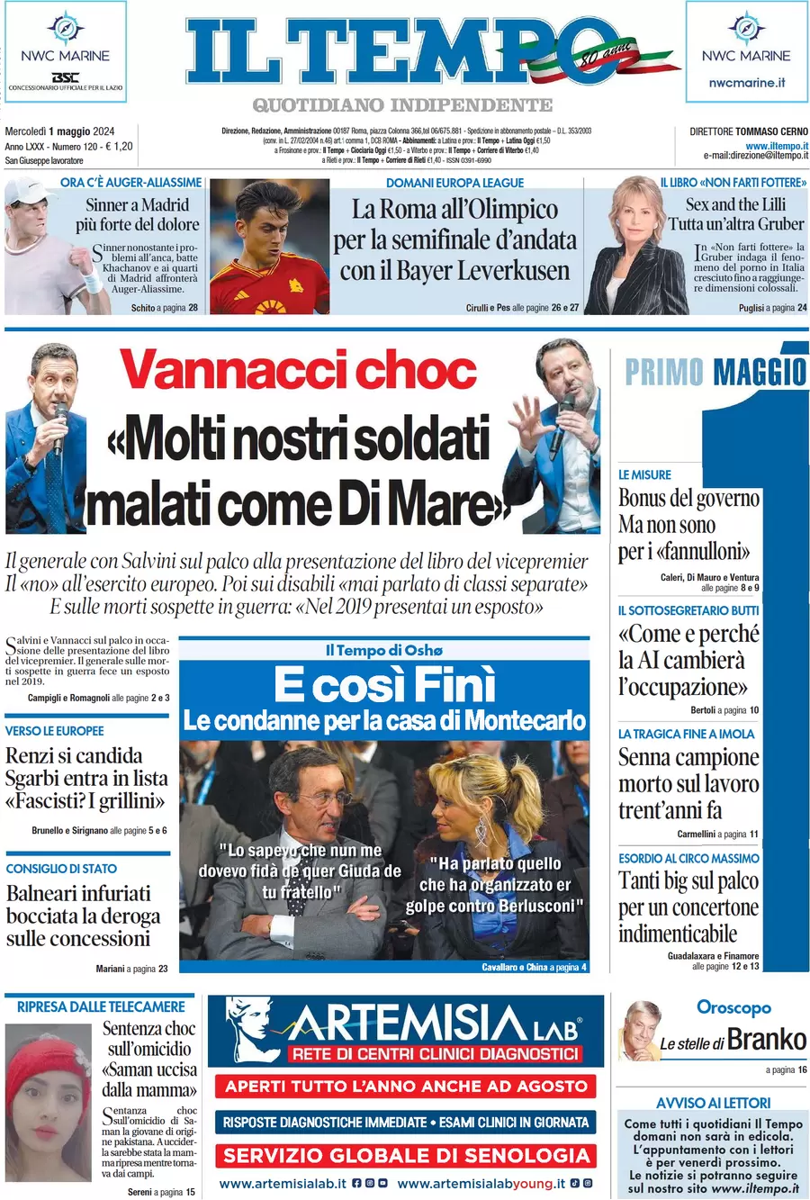 anteprima della prima pagina di il-tempo del 01/05/2024