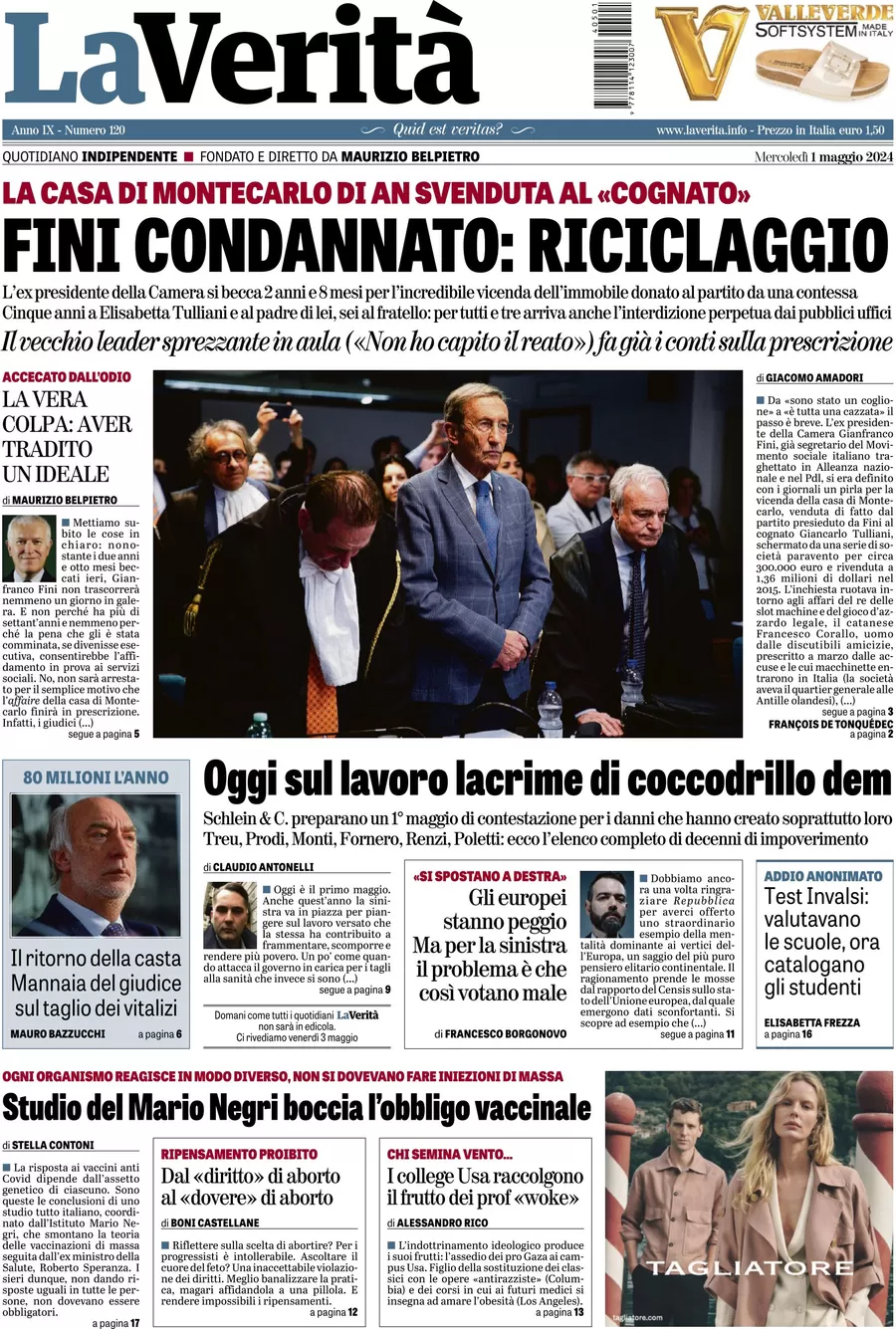 anteprima della prima pagina di la-verit del 01/05/2024