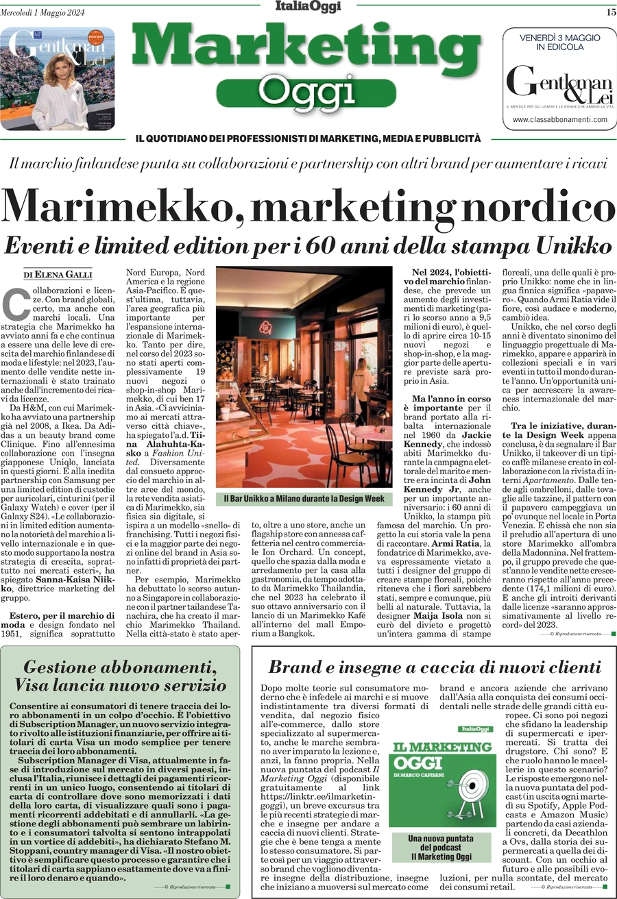 anteprima della prima pagina di marketing-oggi del 01/05/2024
