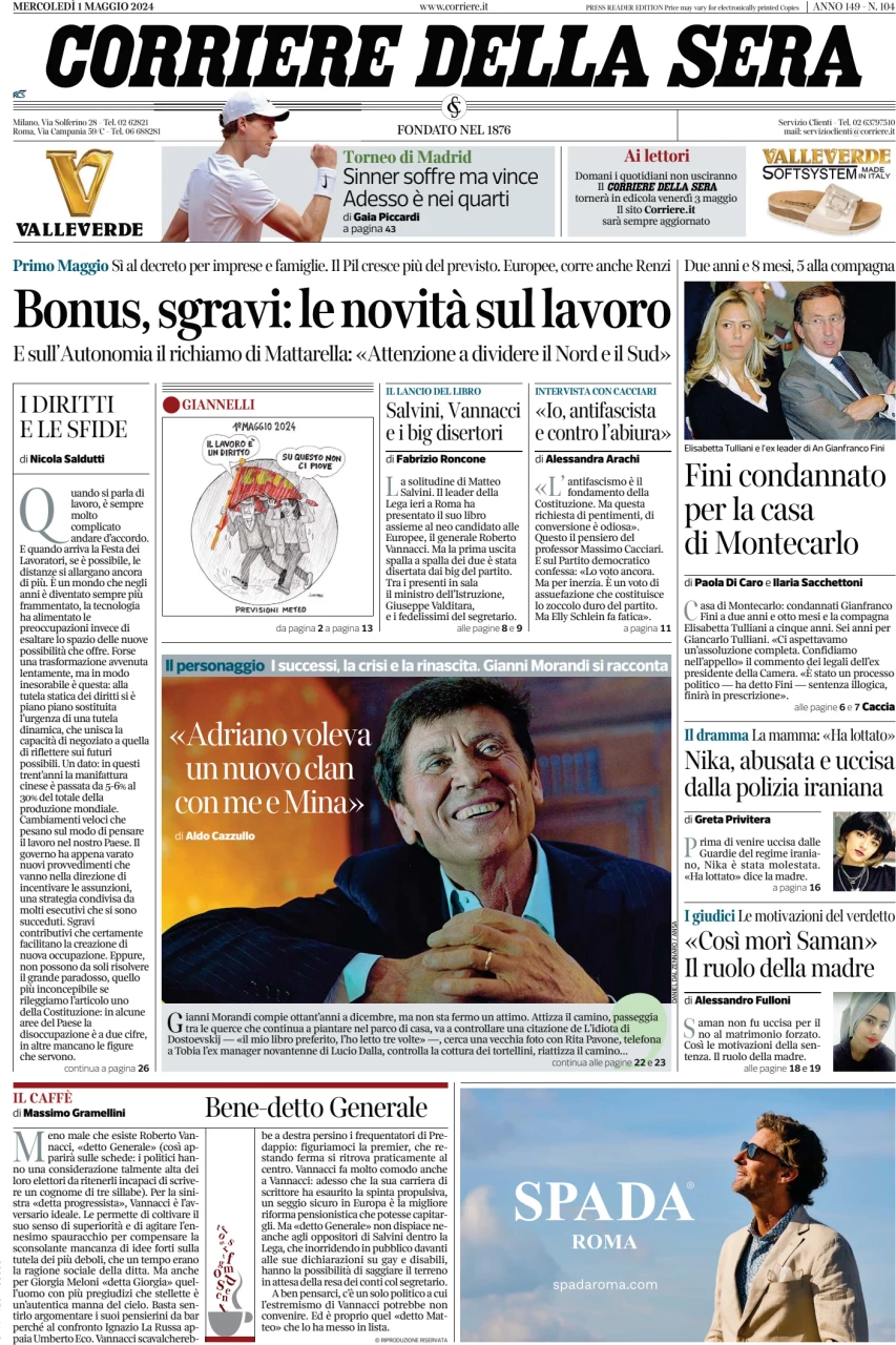 anteprima della prima pagina di corriere-della-sera del 01/05/2024