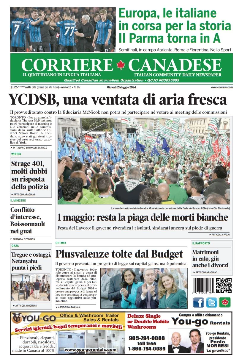 anteprima della prima pagina di corriere-canadese del 02/05/2024