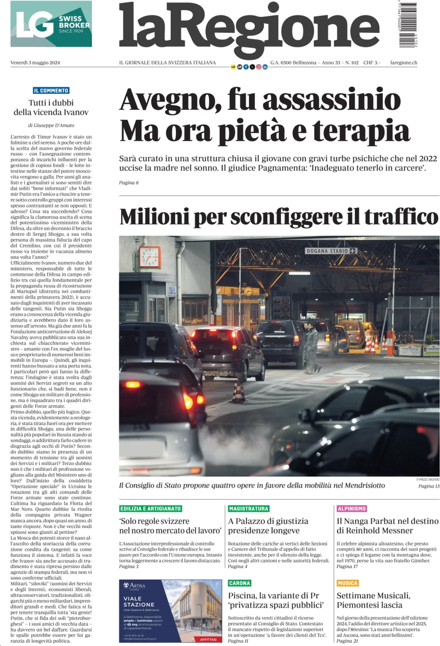 anteprima della prima pagina di la-regione del 03/05/2024