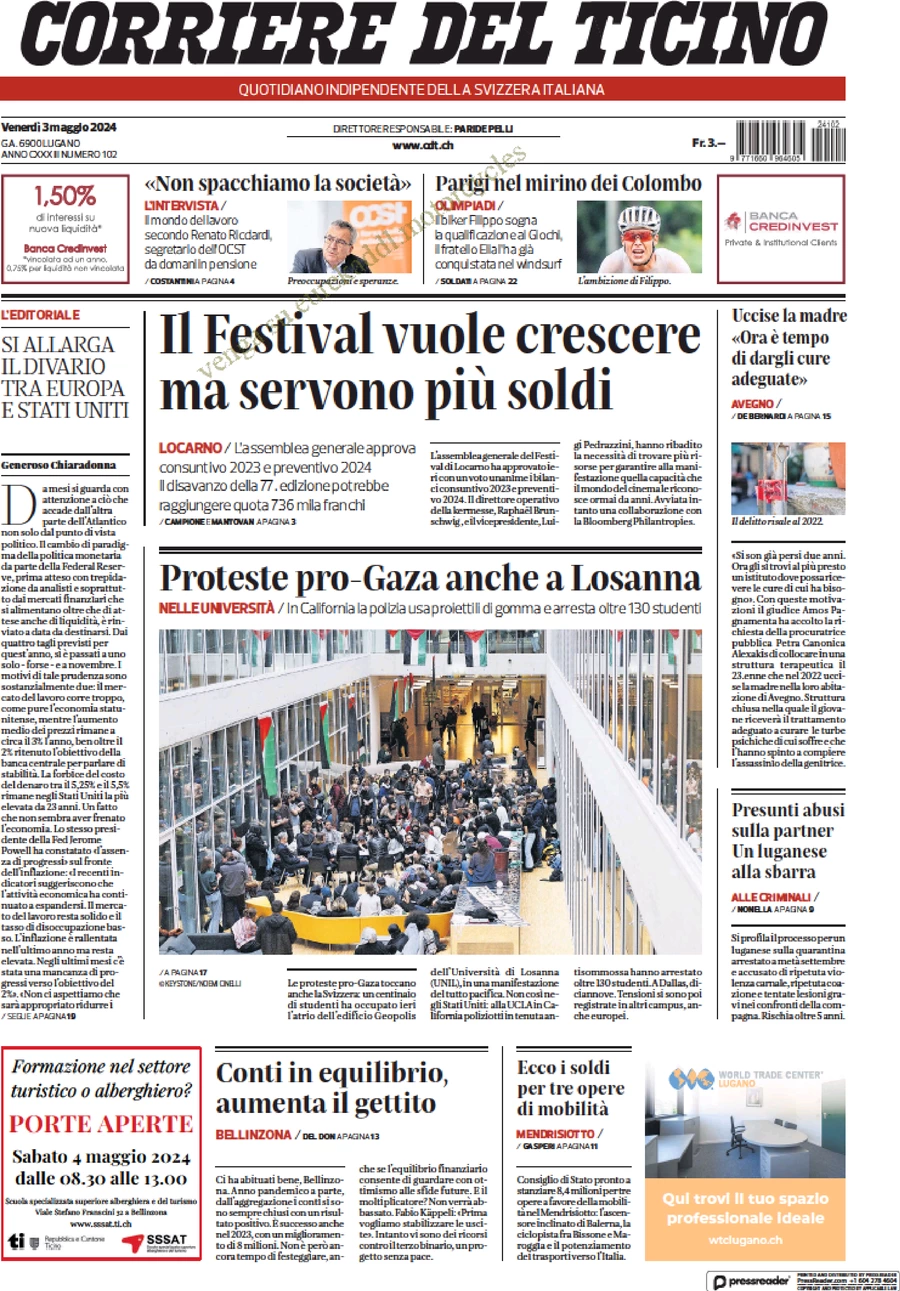 anteprima della prima pagina di corriere-del-ticino del 03/05/2024