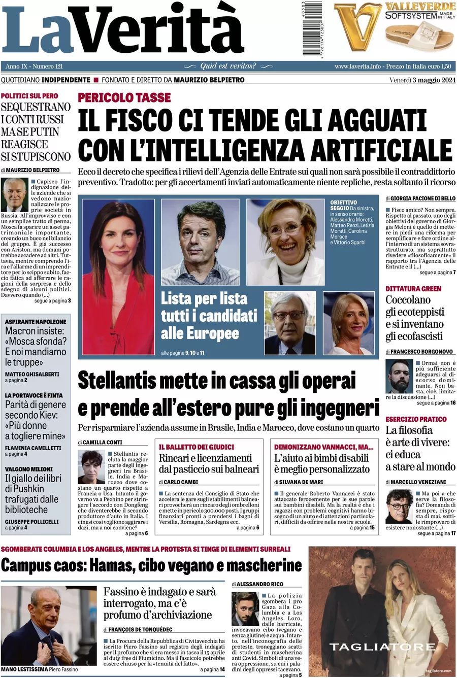 anteprima della prima pagina di la-verit del 03/05/2024