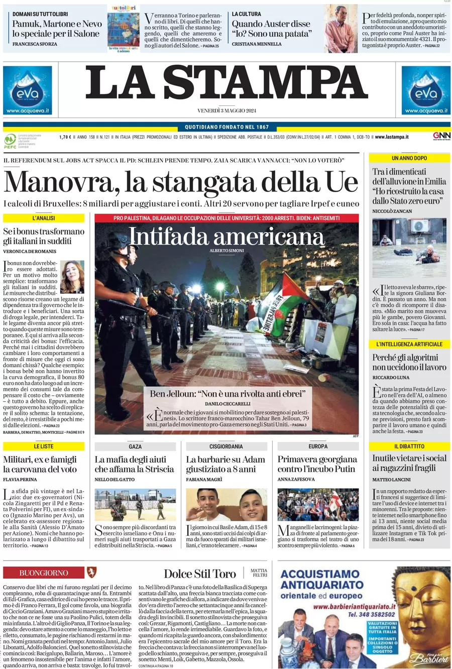 anteprima della prima pagina di la-stampa del 03/05/2024