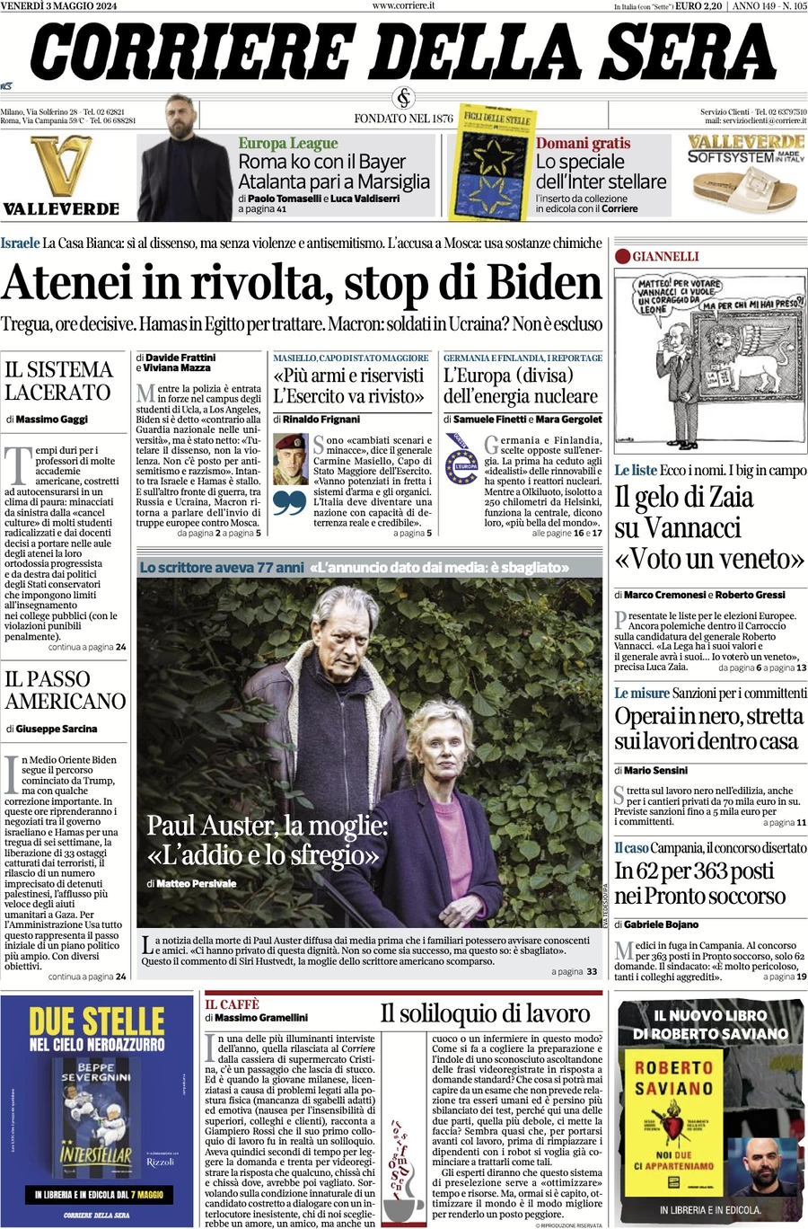 anteprima della prima pagina di corriere-della-sera del 03/05/2024