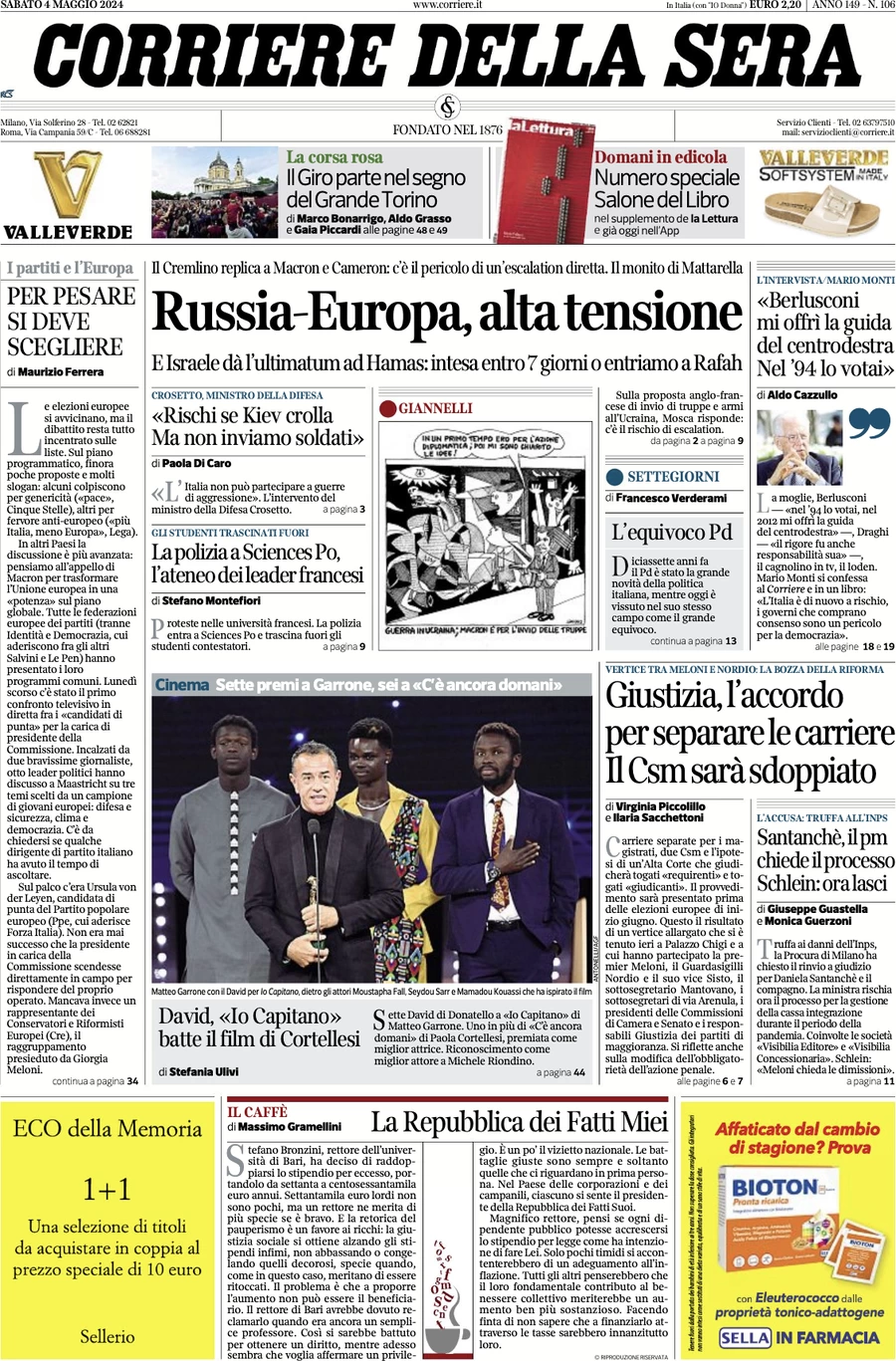 anteprima della prima pagina di corriere-della-sera del 04/05/2024