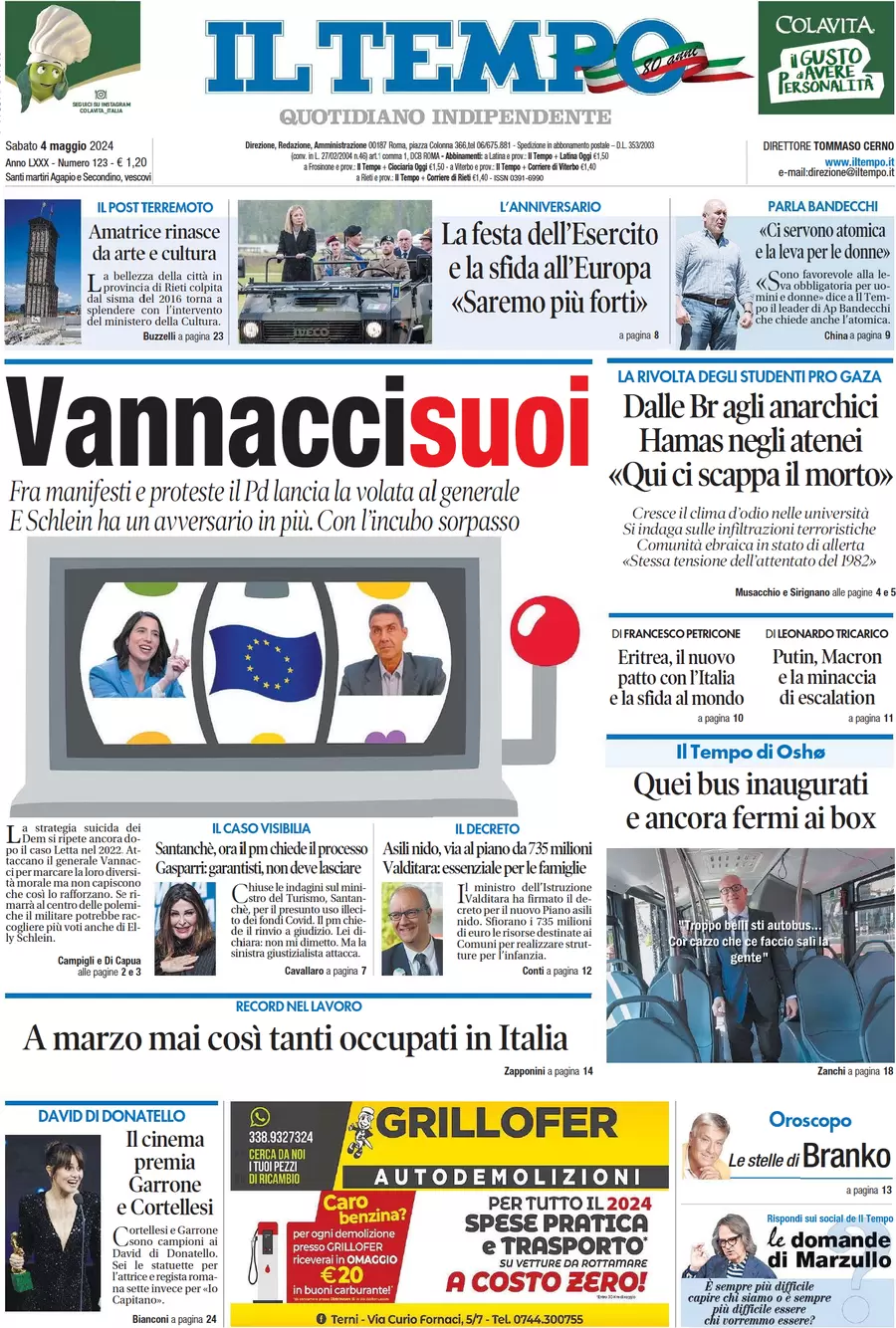 anteprima della prima pagina di il-tempo del 04/05/2024