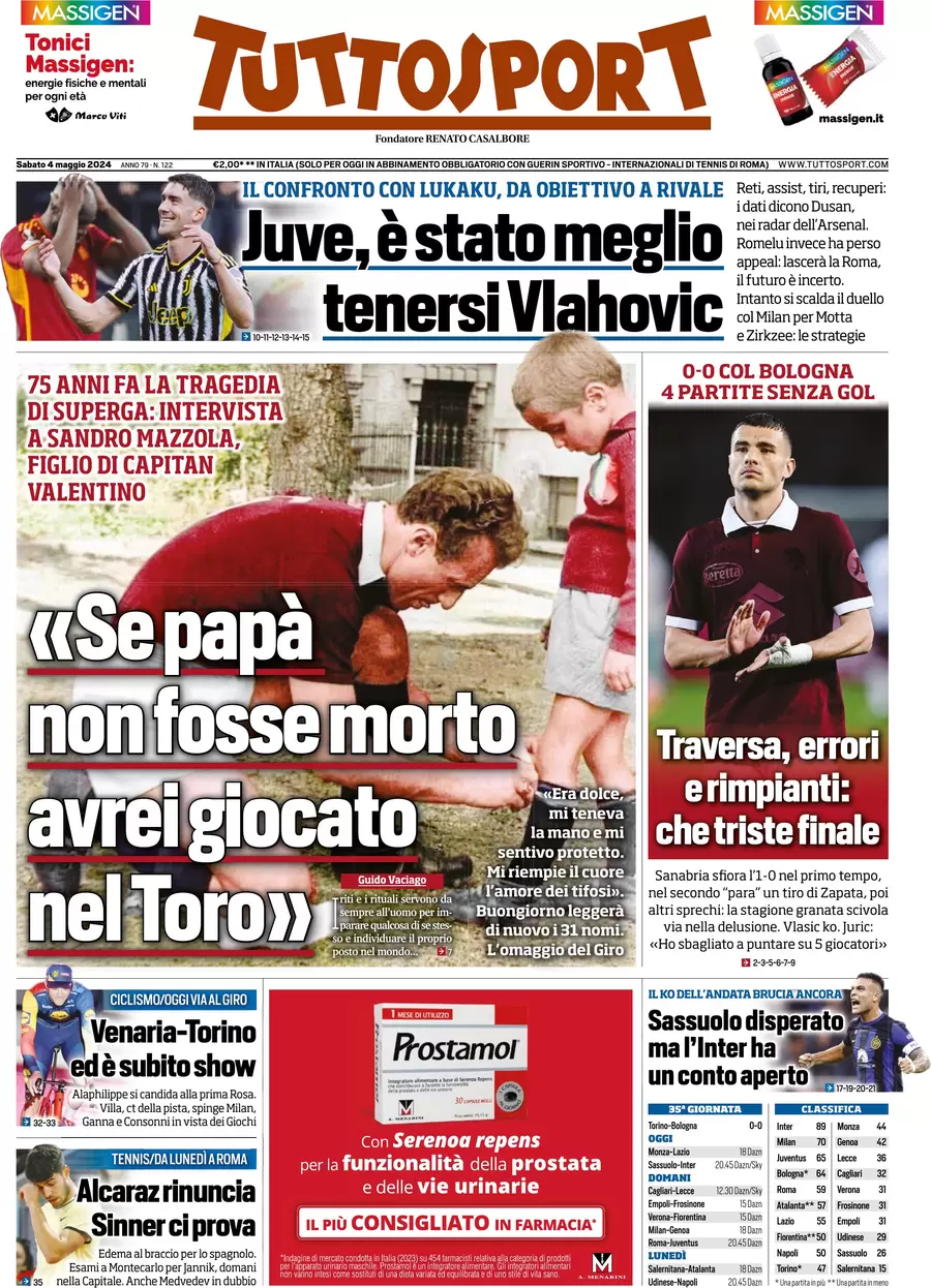 anteprima della prima pagina di tuttosport del 04/05/2024