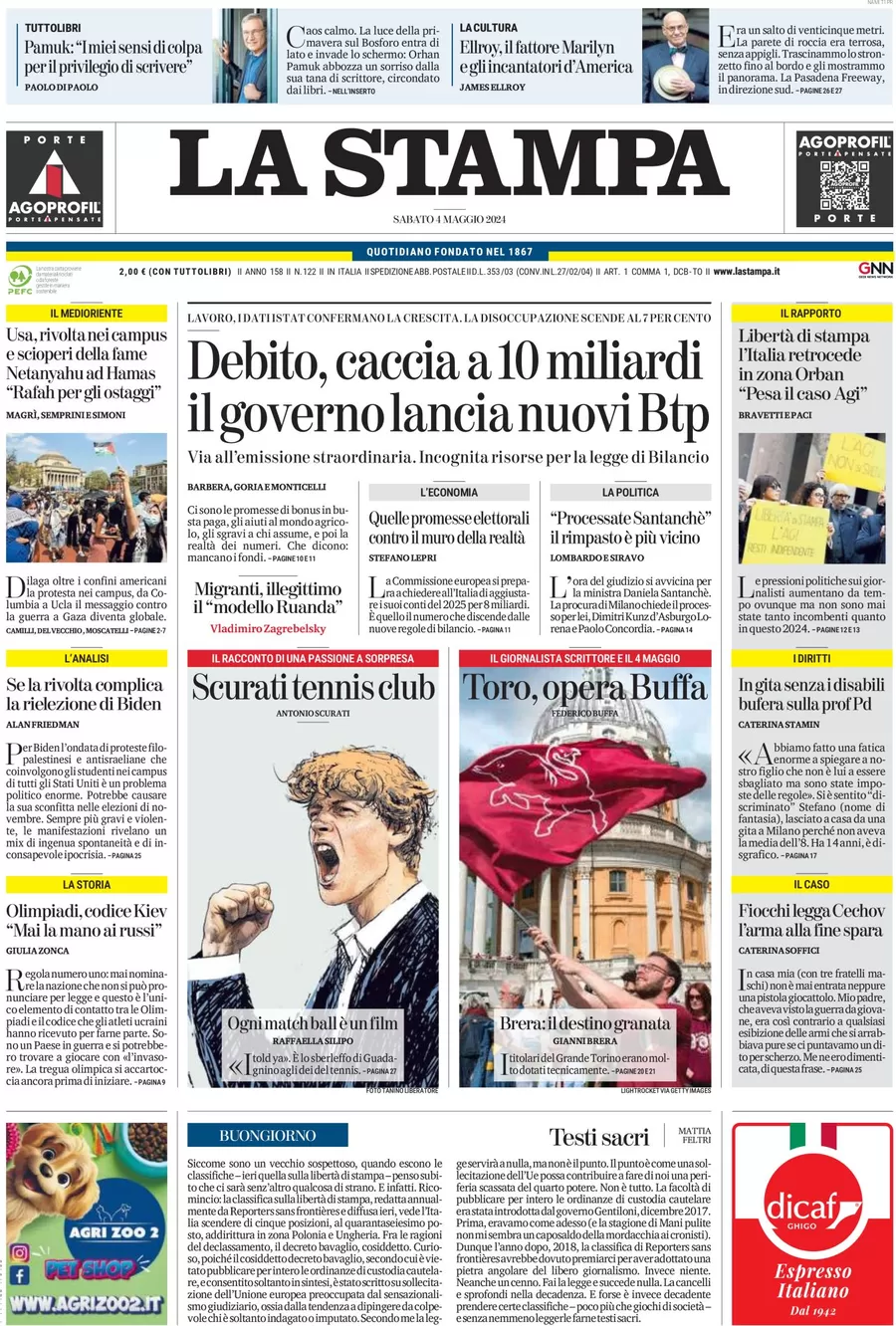 anteprima della prima pagina di la-stampa del 04/05/2024