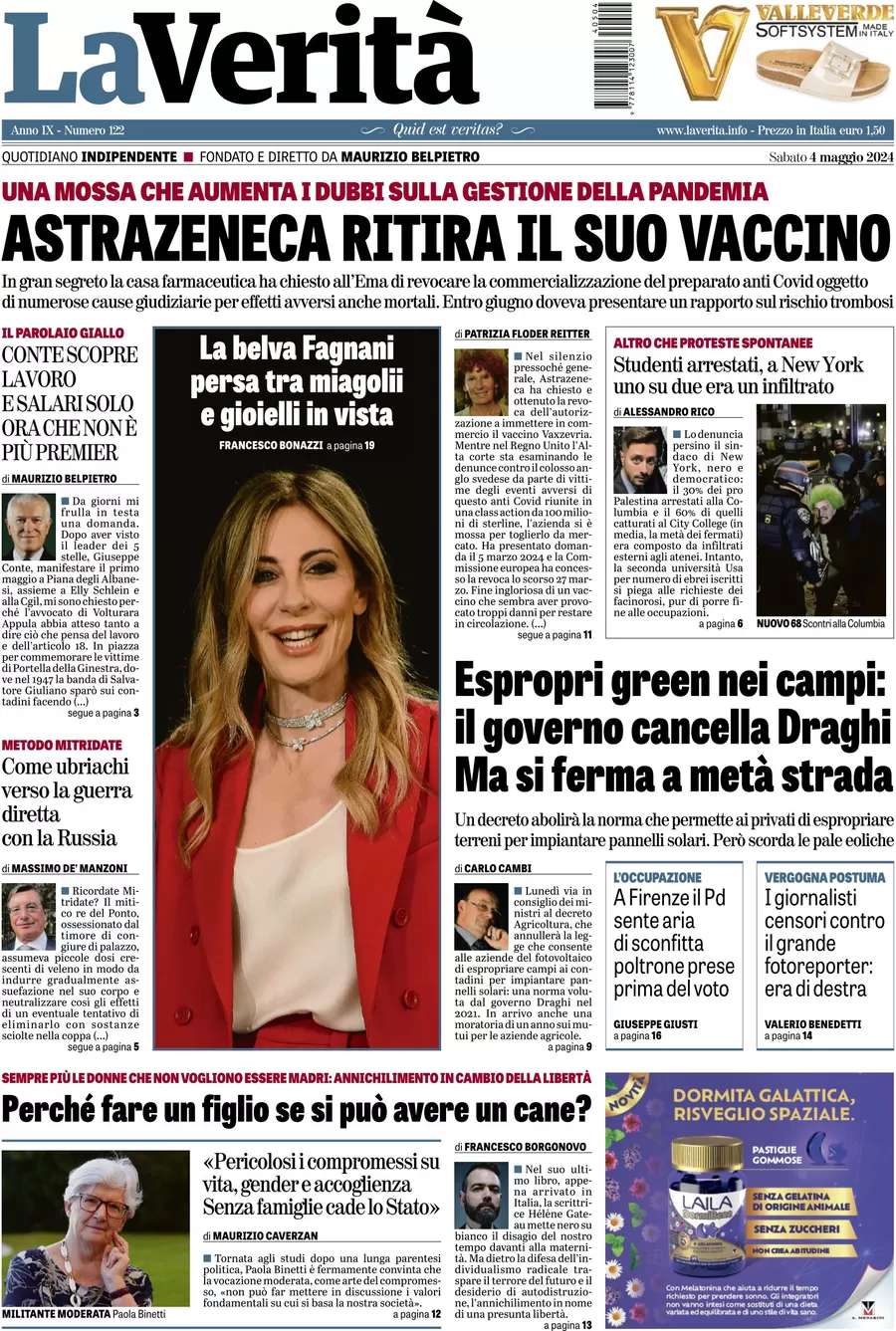 anteprima della prima pagina di la-verit del 04/05/2024