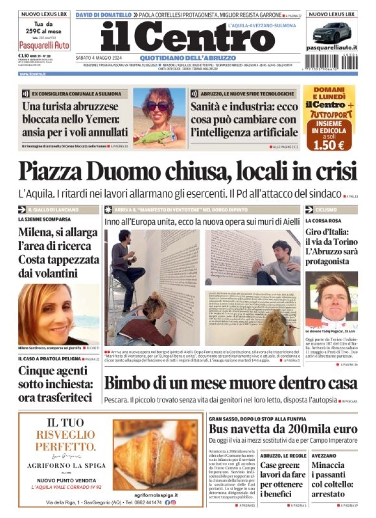 anteprima della prima pagina di il-centro-laquila del 04/05/2024