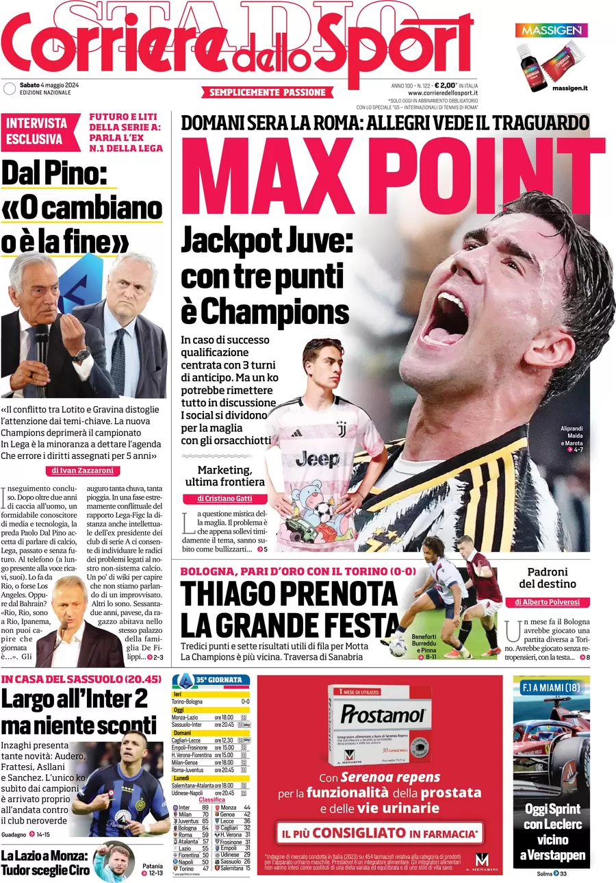 anteprima della prima pagina di corriere-dello-sport del 04/05/2024