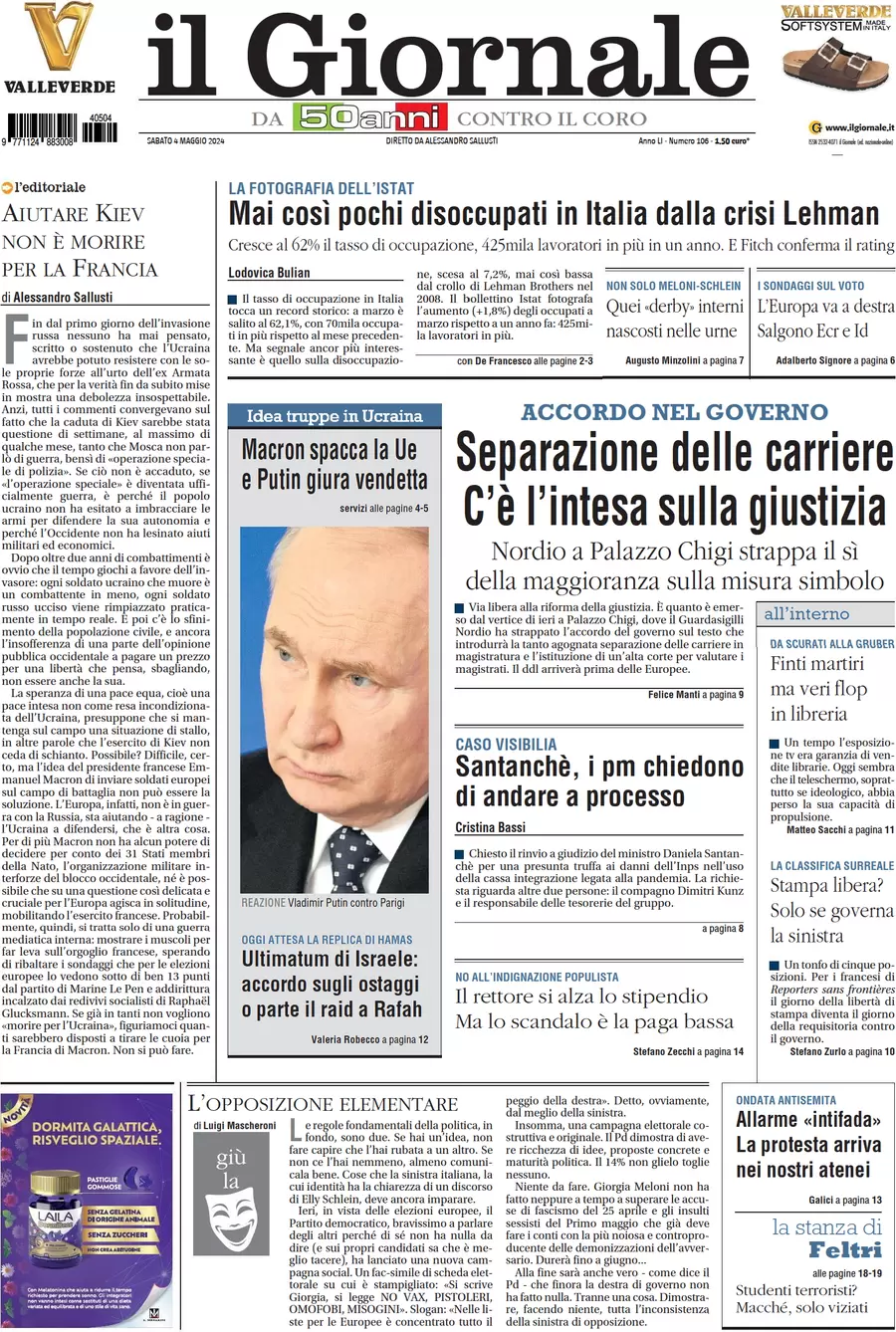 anteprima della prima pagina di il-giornale del 04/05/2024