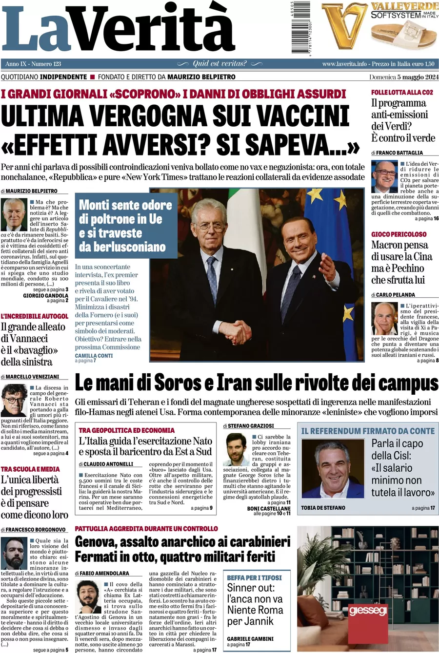 anteprima della prima pagina di la-verit del 05/05/2024