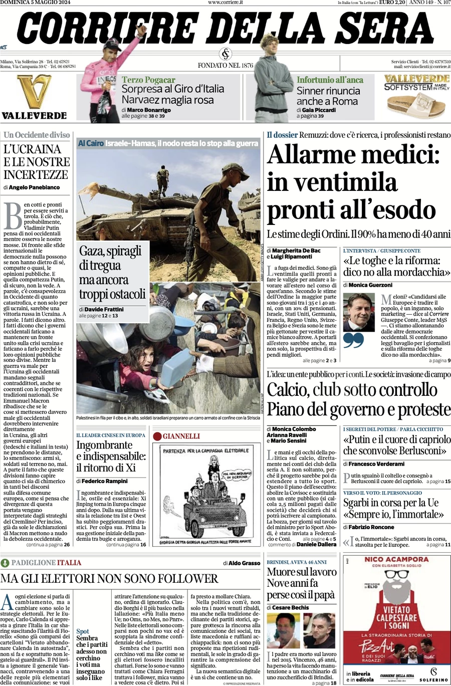 anteprima della prima pagina di corriere-della-sera del 05/05/2024