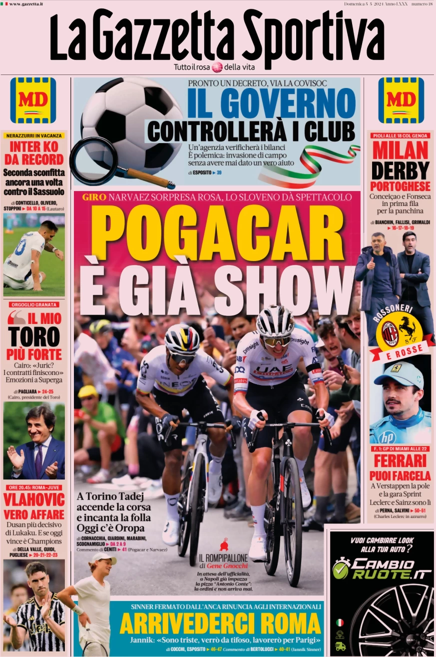 anteprima della prima pagina di la-gazzetta-dello-sport del 05/05/2024