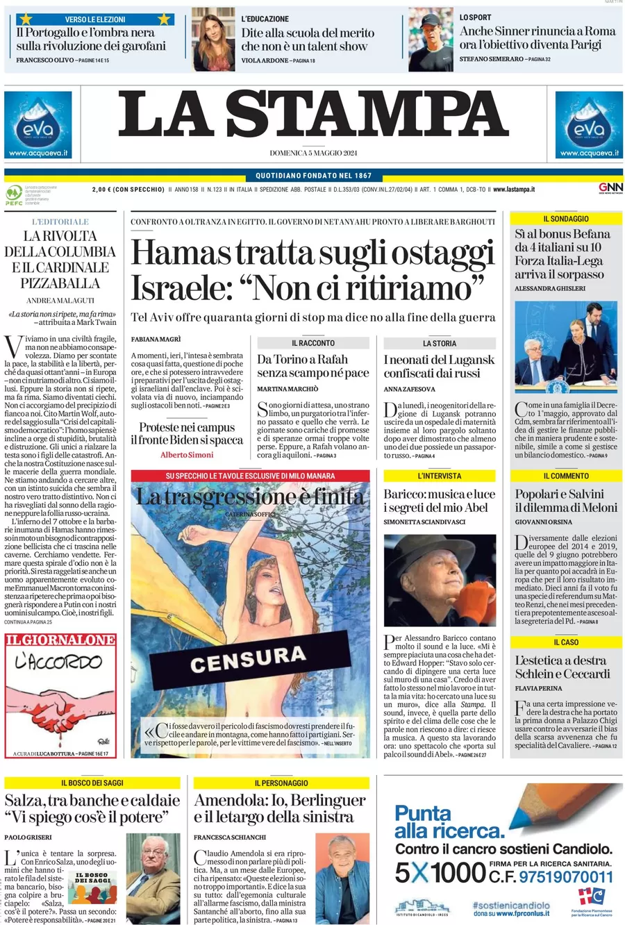 anteprima della prima pagina di la-stampa del 05/05/2024