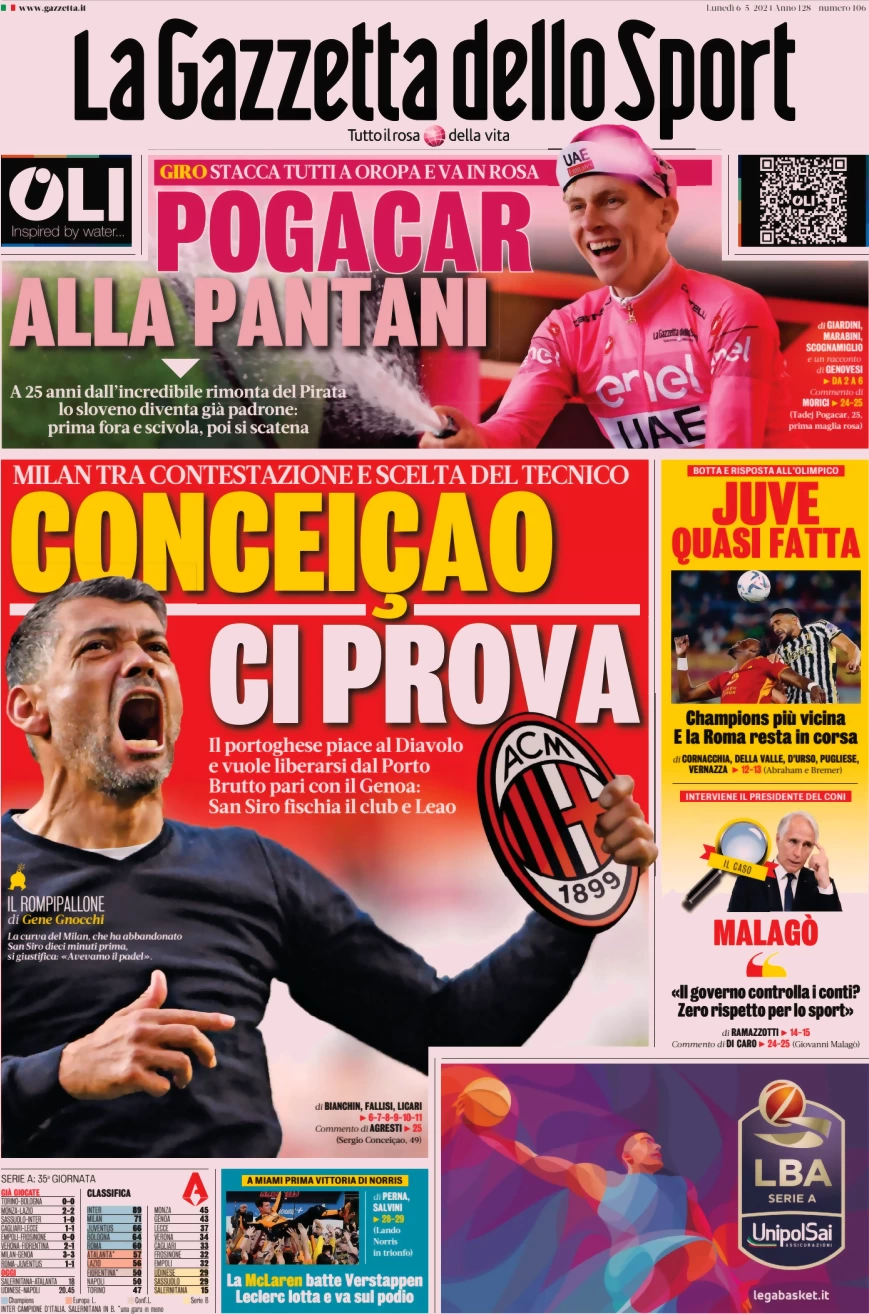 anteprima della prima pagina di La Gazzetta dello Sport