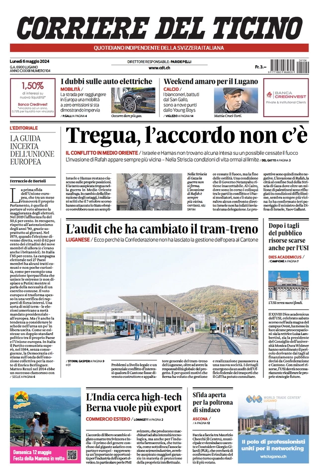 anteprima della prima pagina di corriere-del-ticino del 06/05/2024