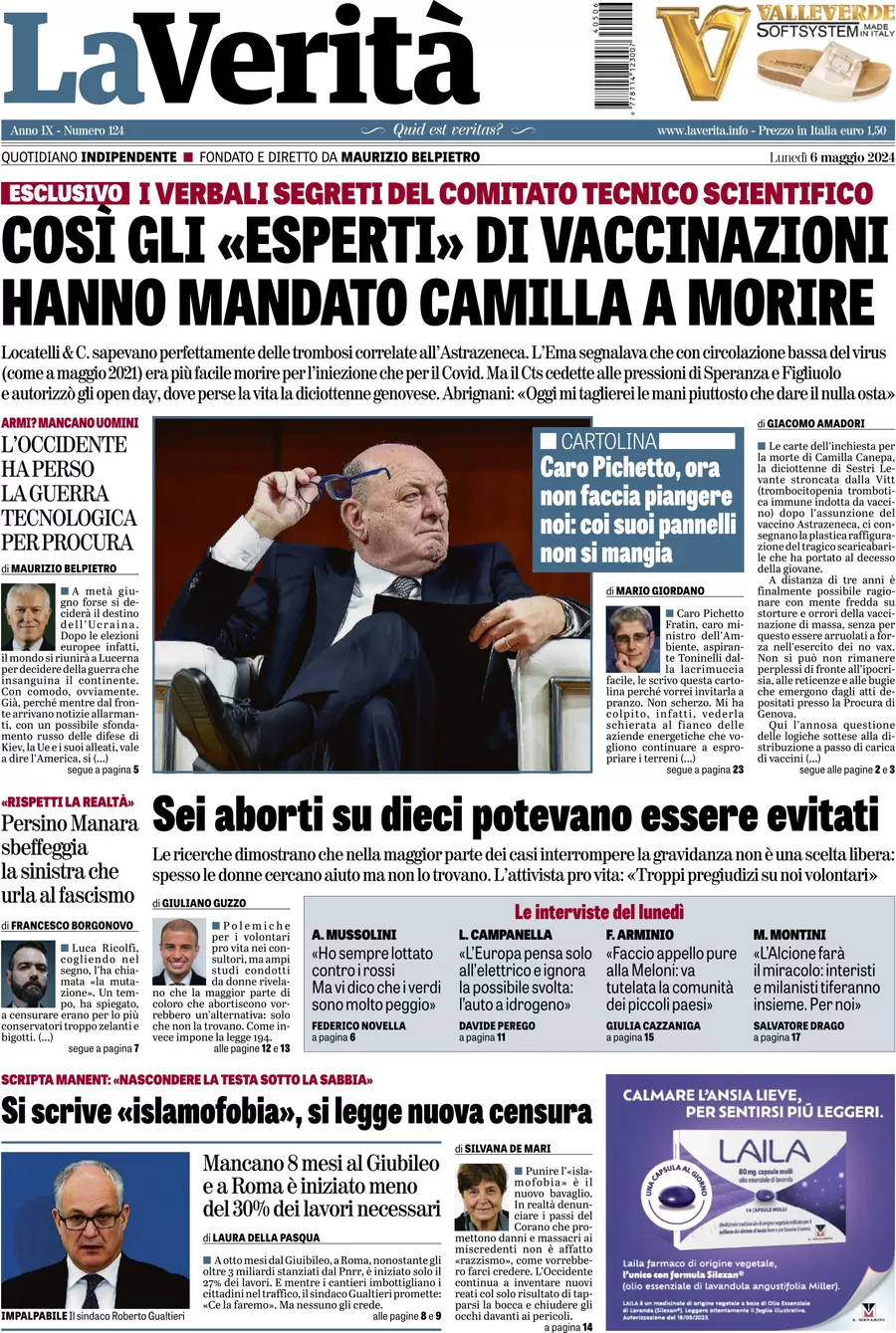 anteprima della prima pagina di la-verit del 06/05/2024