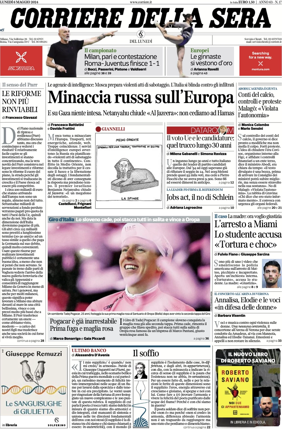 anteprima della prima pagina di corriere-della-sera del 06/05/2024