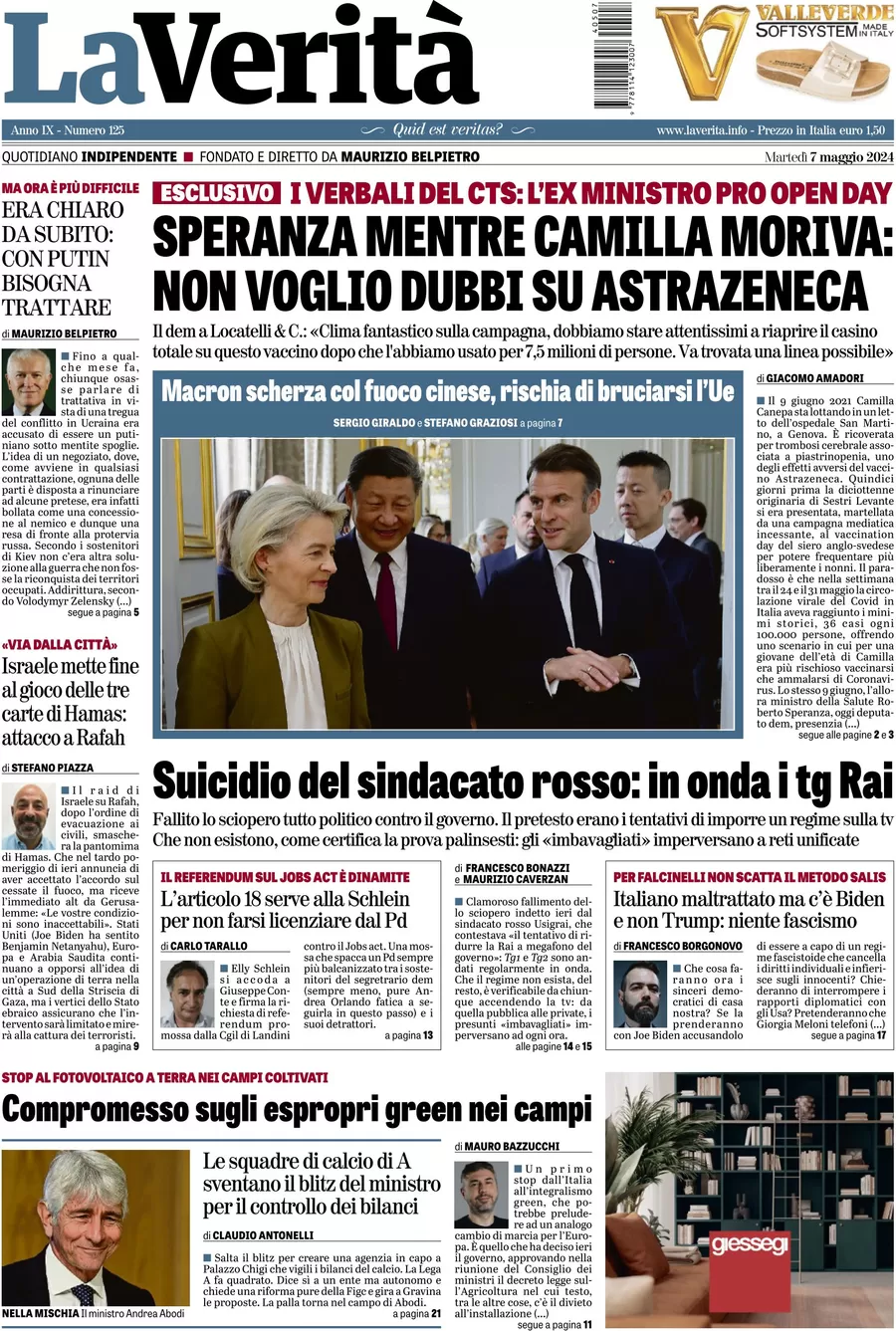 anteprima della prima pagina di la-verit del 07/05/2024