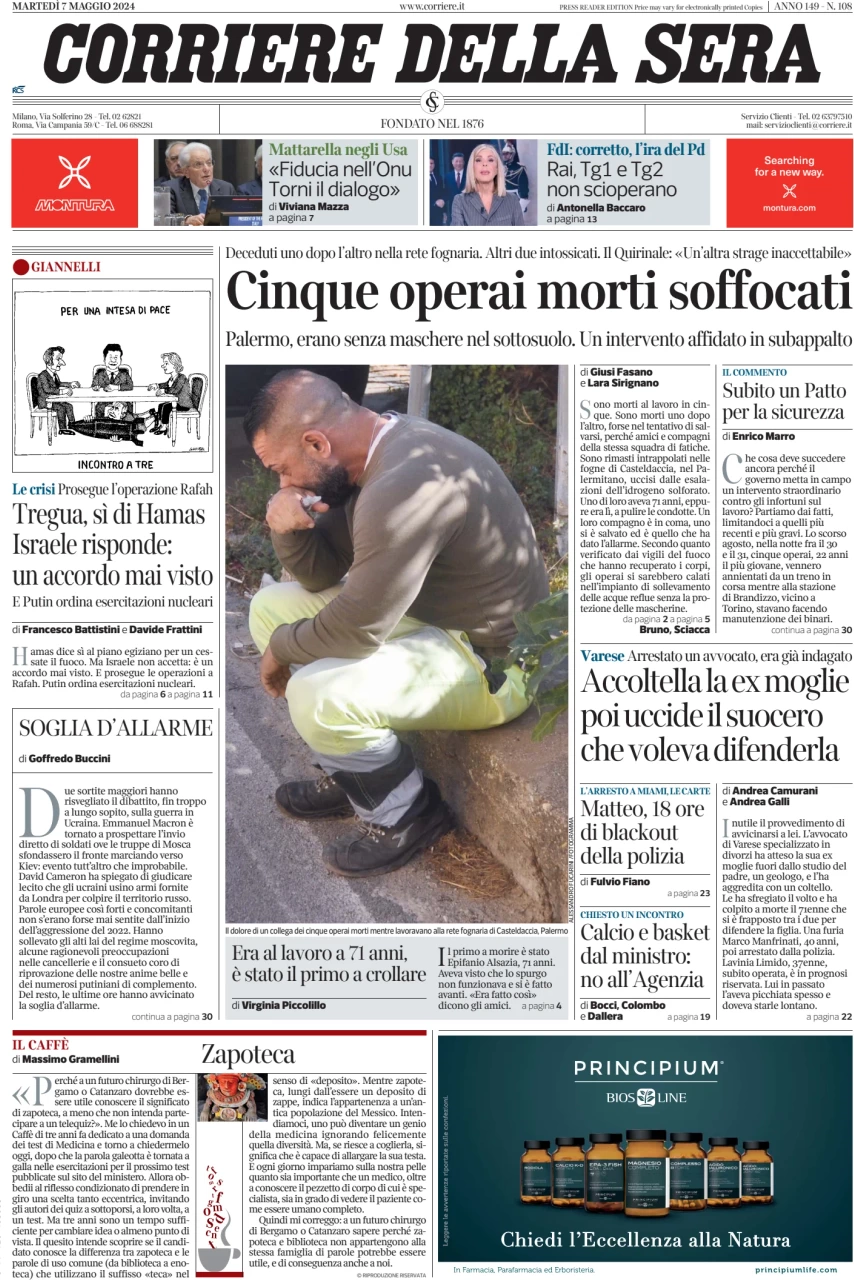 anteprima della prima pagina di corriere-della-sera del 07/05/2024