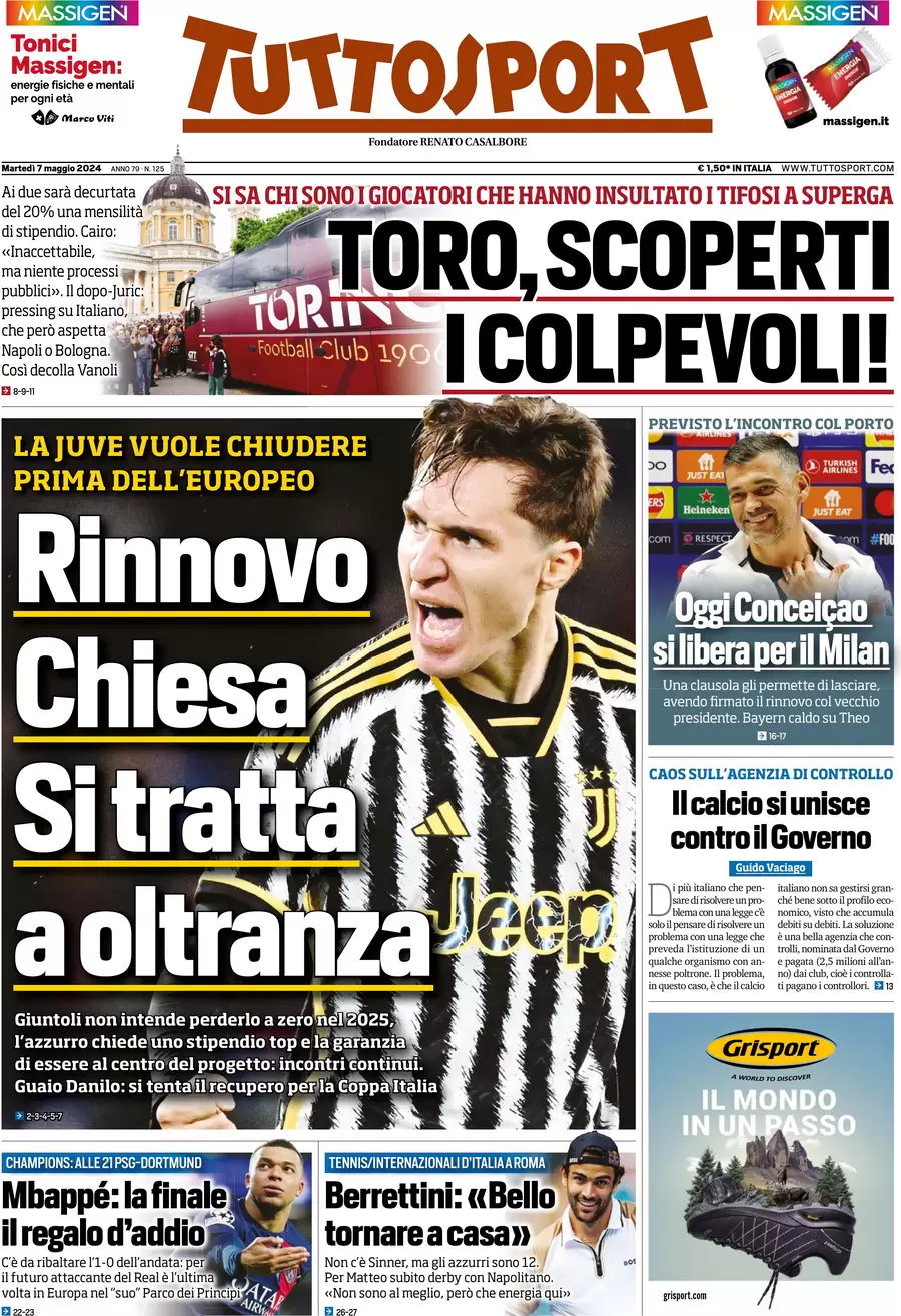 anteprima della prima pagina di tuttosport del 07/05/2024