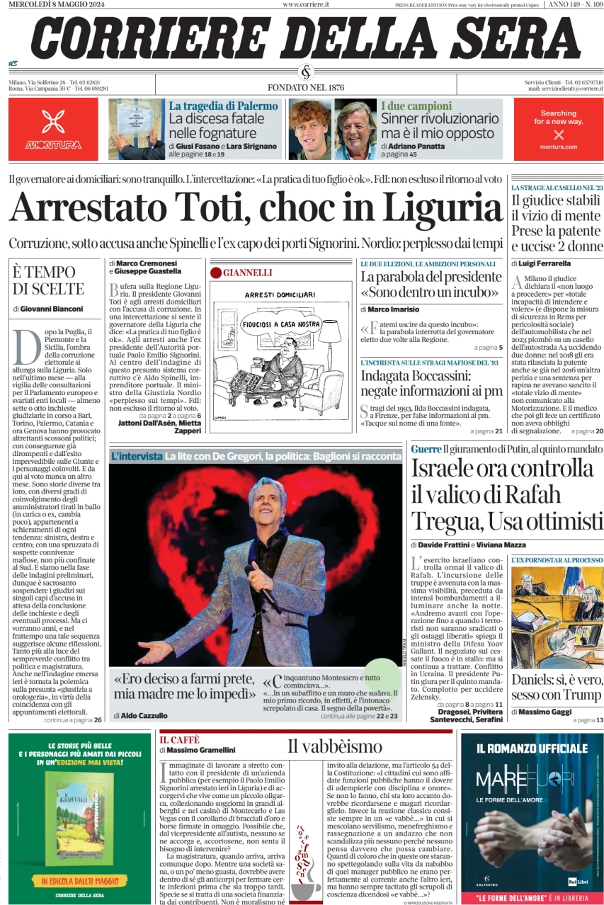 anteprima della prima pagina di corriere-della-sera del 08/05/2024