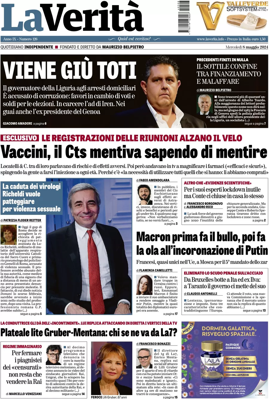 anteprima della prima pagina di la-verit del 08/05/2024